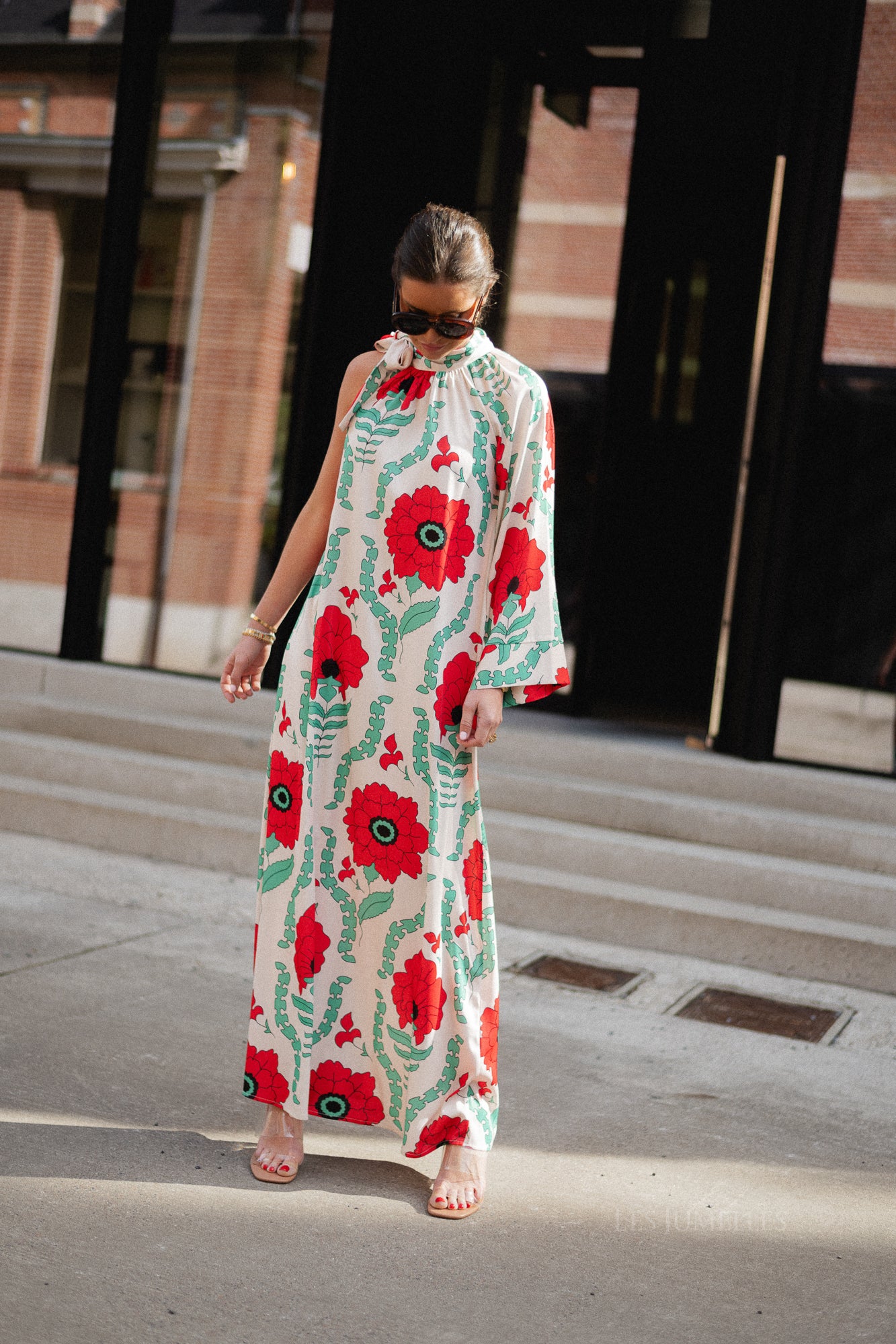 Chloe one shoulder maxi printed dress ecru/red