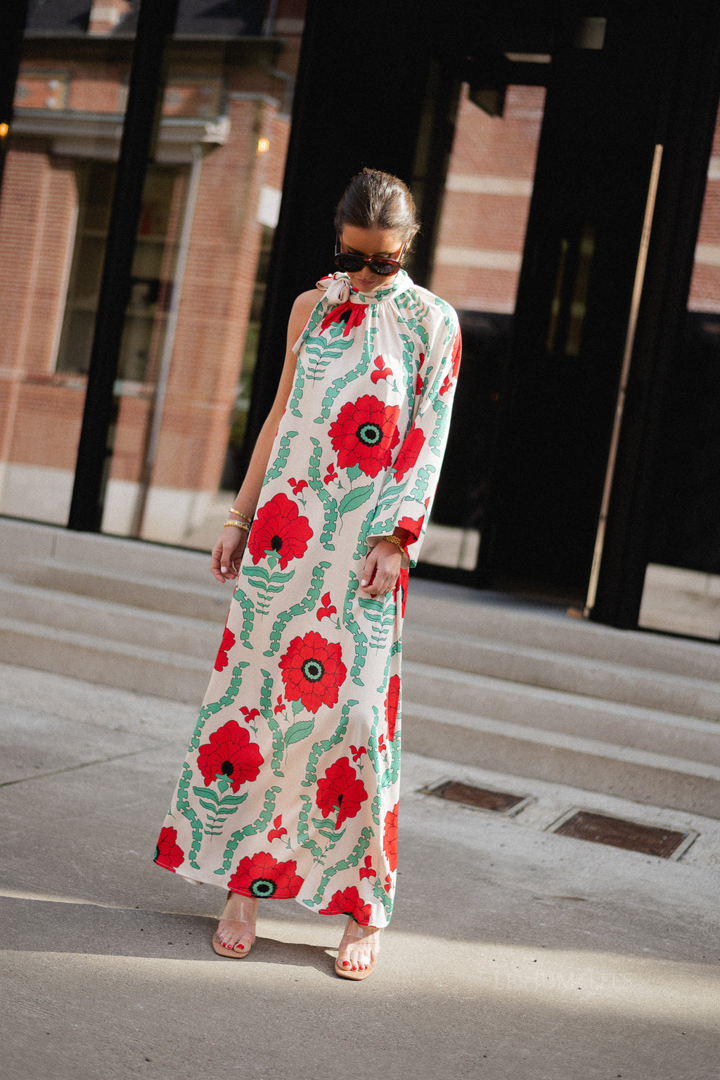 Chloe one shoulder maxi printed dress ecru/red