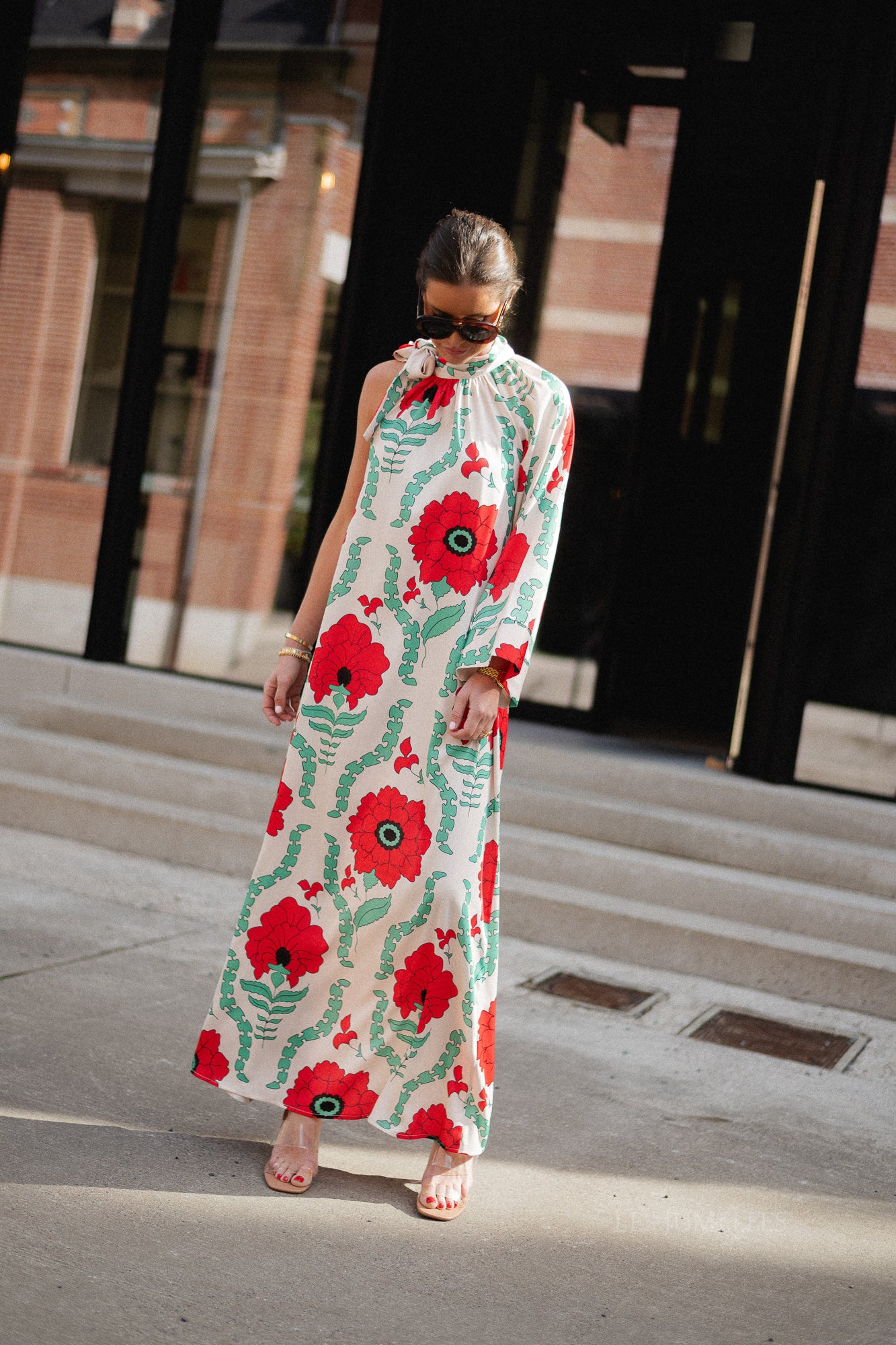 Chloe one shoulder maxi printed dress ecru/red