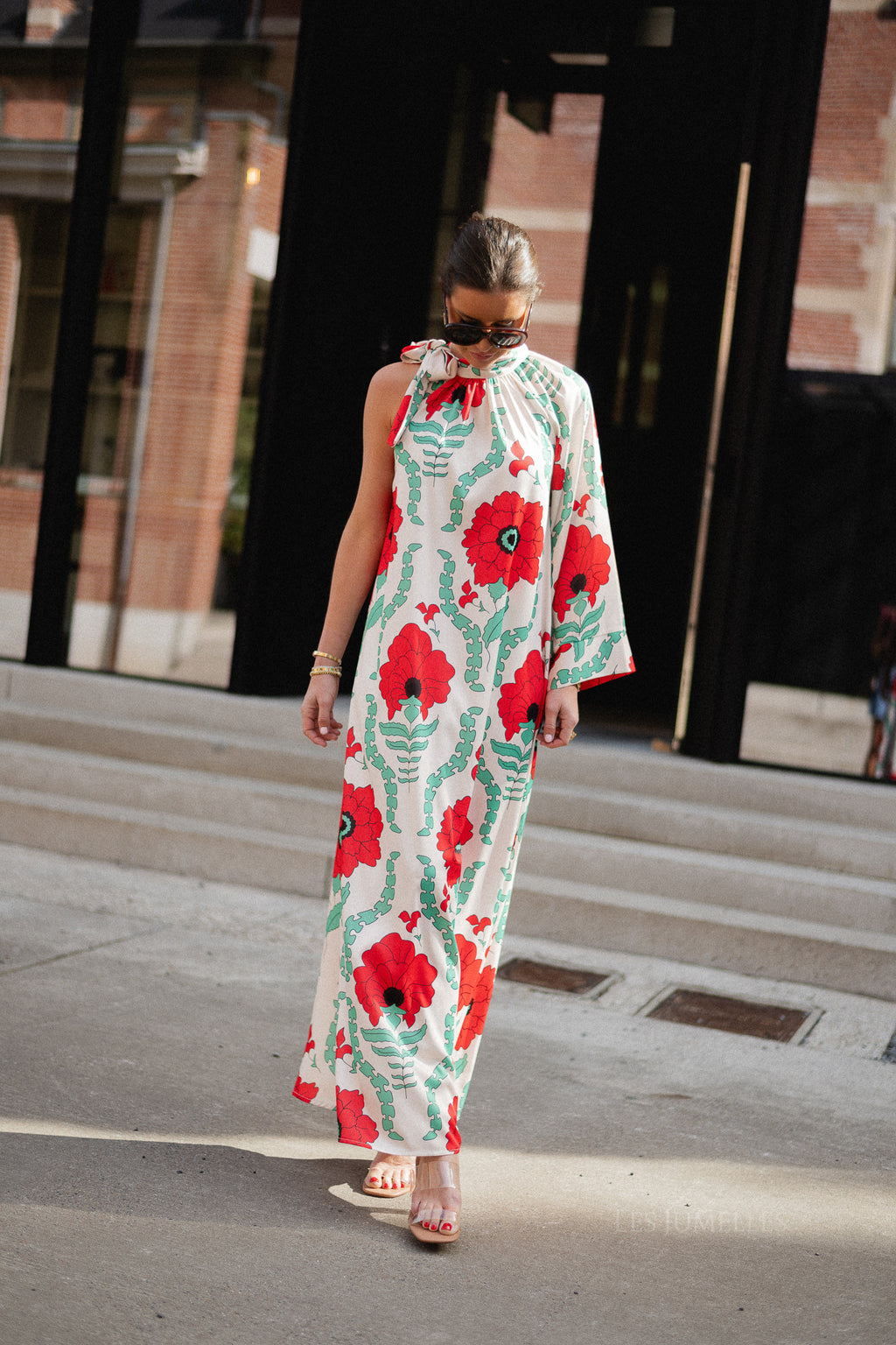 Chloe one shoulder maxi printed dress ecru/red