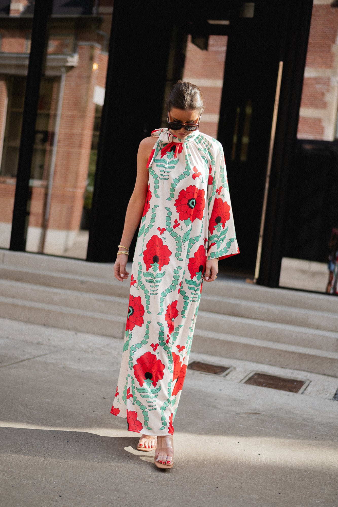 Chloe one shoulder maxi printed dress ecru/red