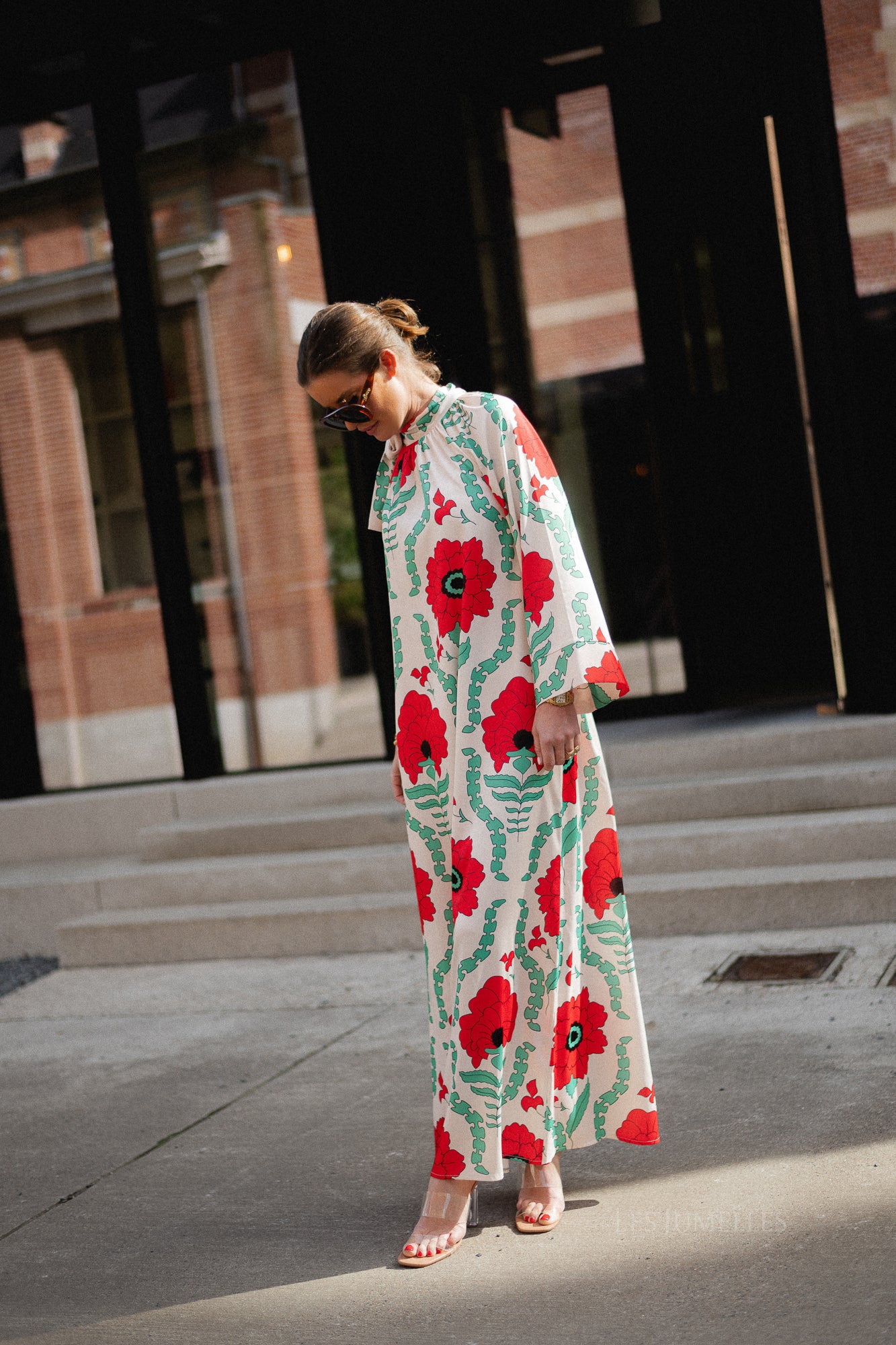 Chloe one shoulder maxi printed dress ecru/red