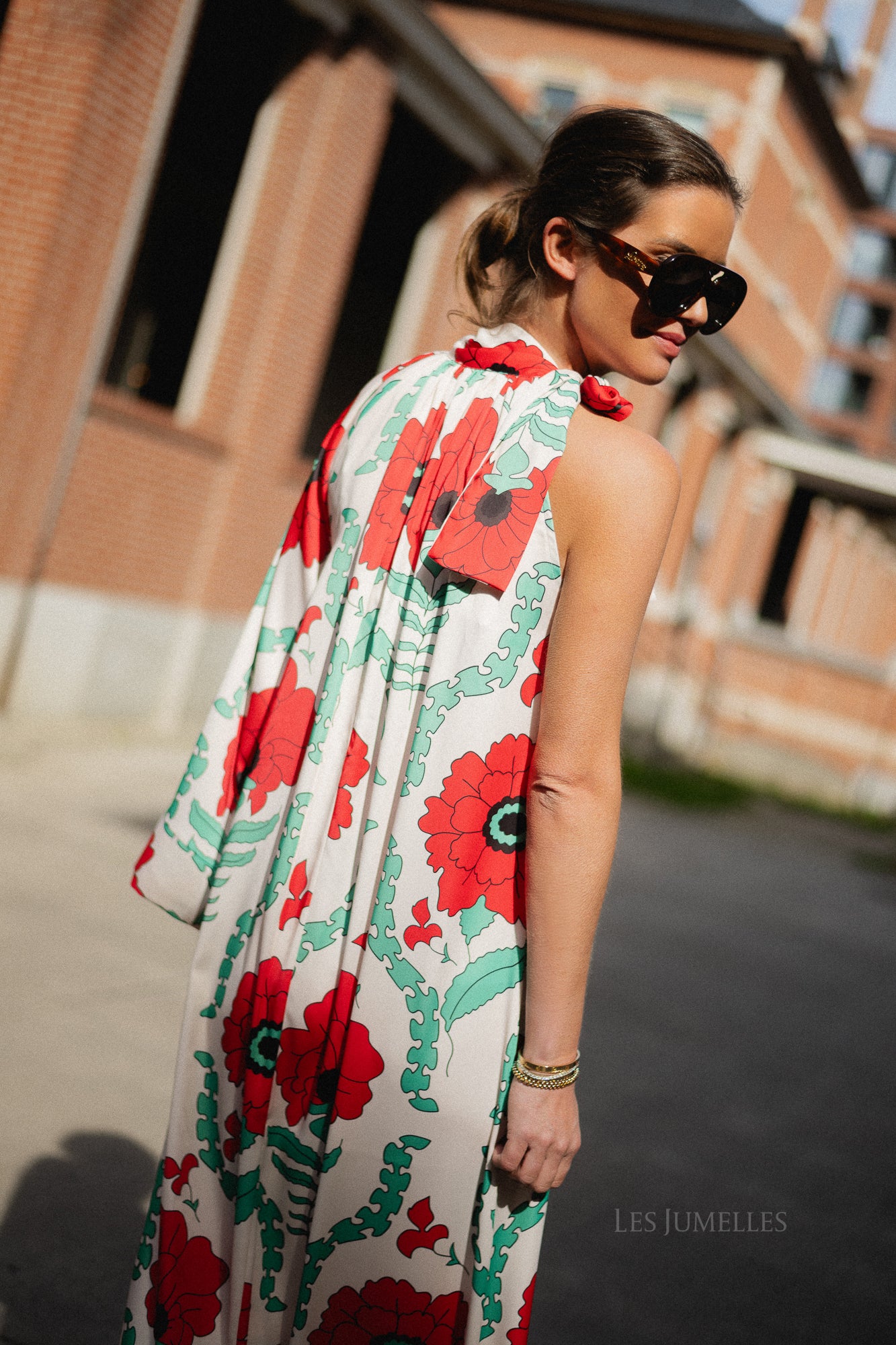 Chloe one shoulder maxi printed dress ecru/red