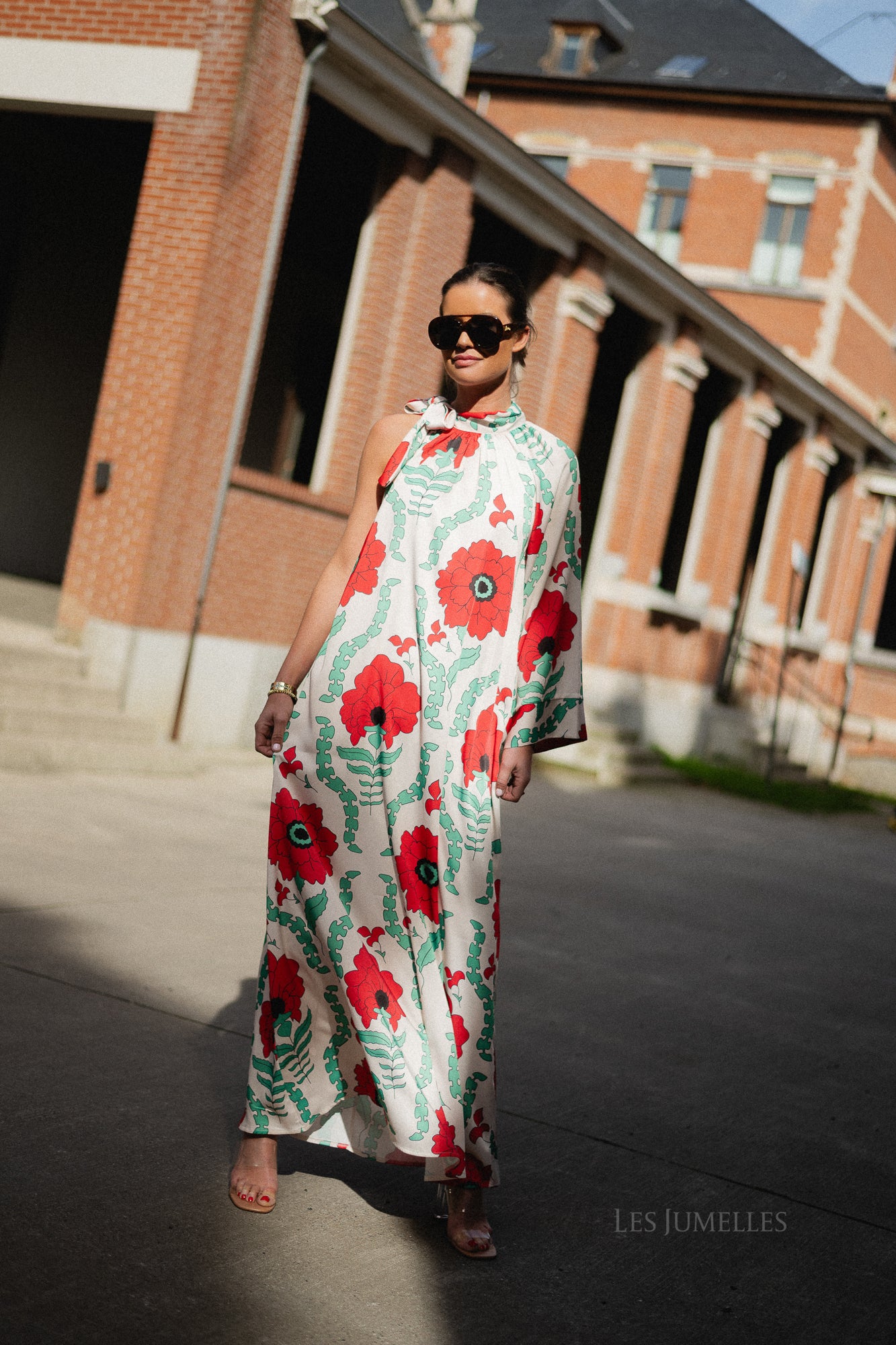 Chloe one shoulder maxi printed dress ecru/red