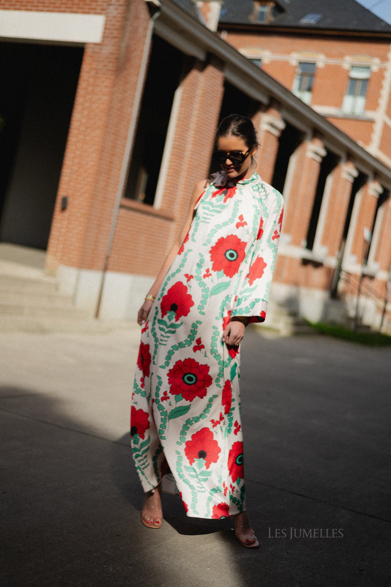 Chloe one shoulder maxi printed dress ecru/red