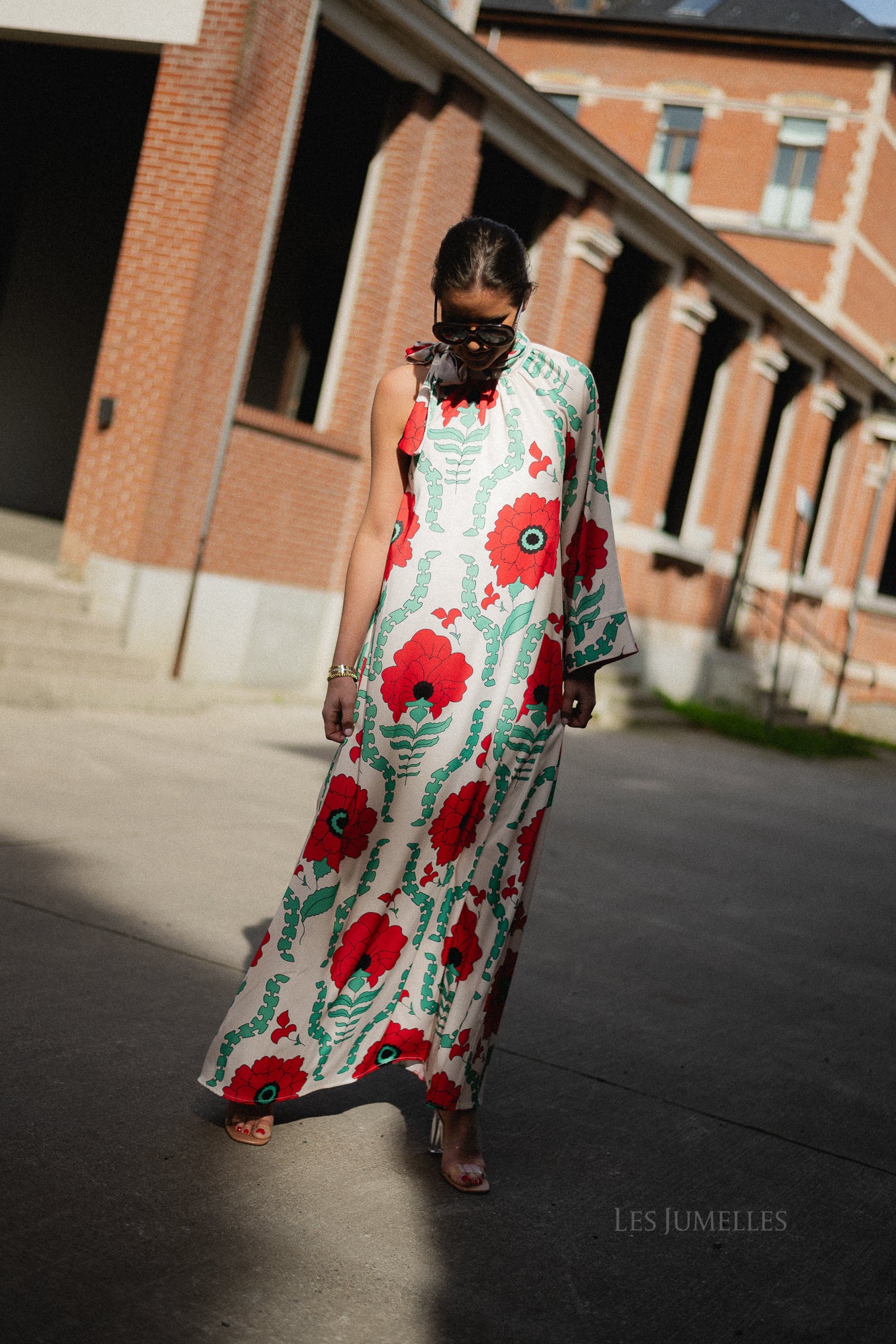 Chloe one shoulder maxi printed dress ecru/red