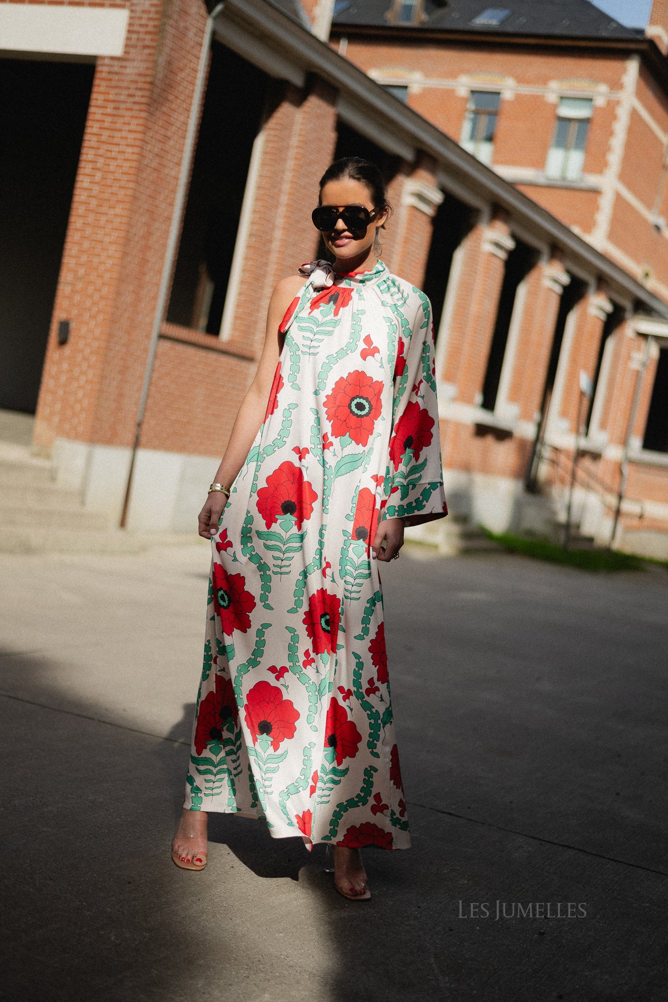 Chloe one shoulder maxi printed dress ecru/red