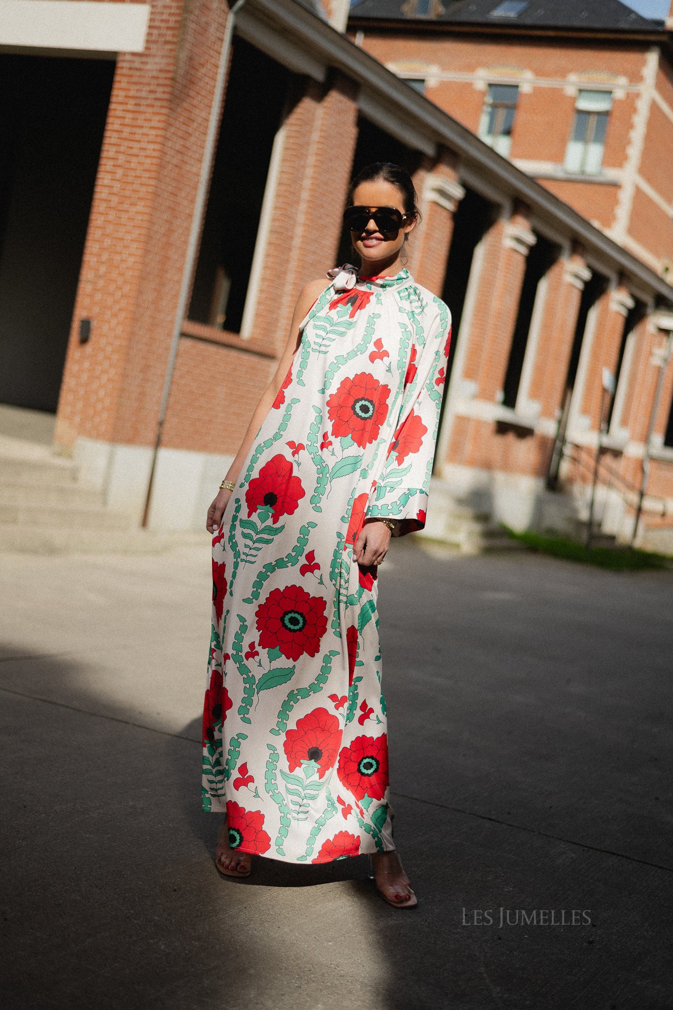 Chloe one shoulder maxi printed dress ecru/red