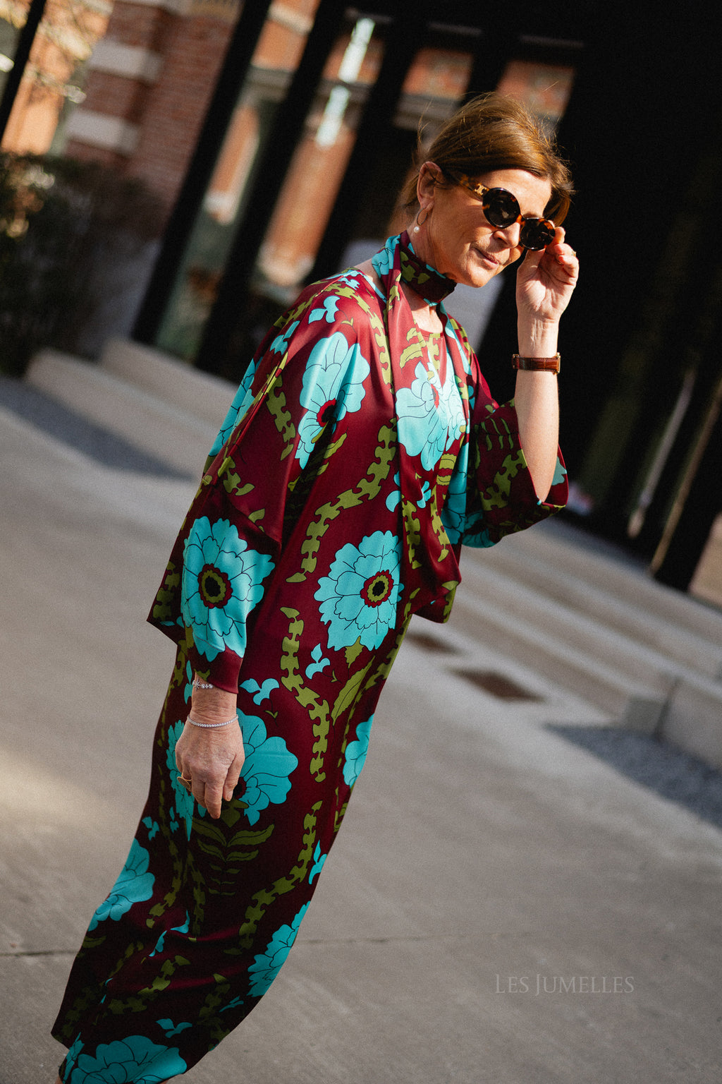 Valerie long printed dress - burgundy/turquoise