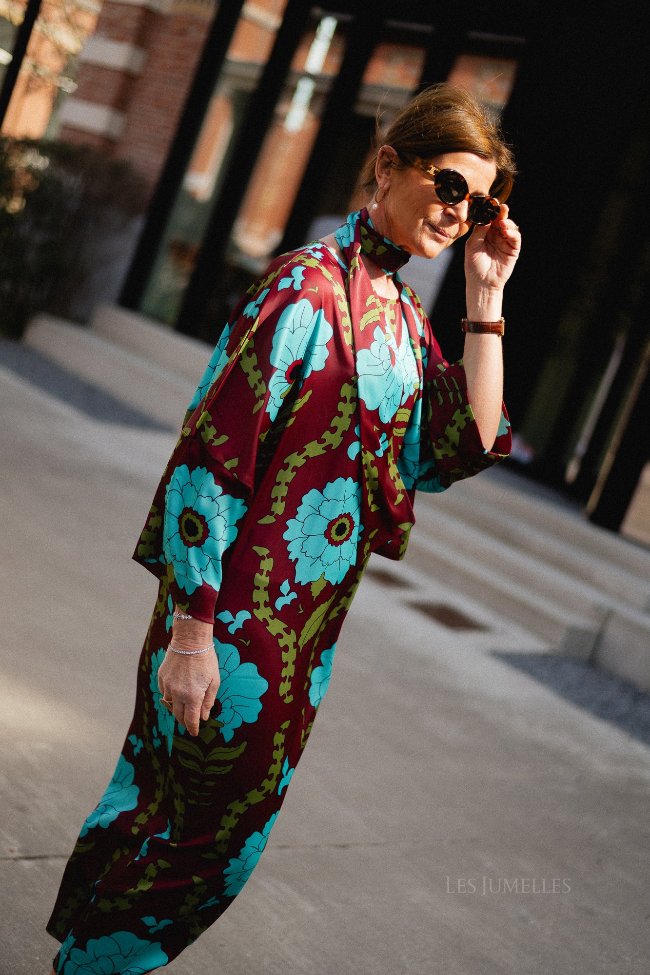 Valerie long printed dress - burgundy/turquoise