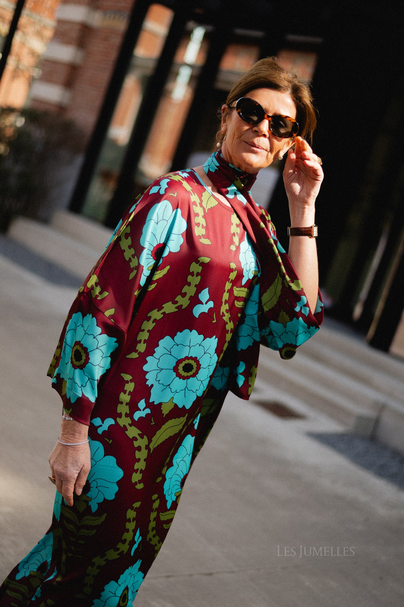 Valerie long printed dress - burgundy/turquoise