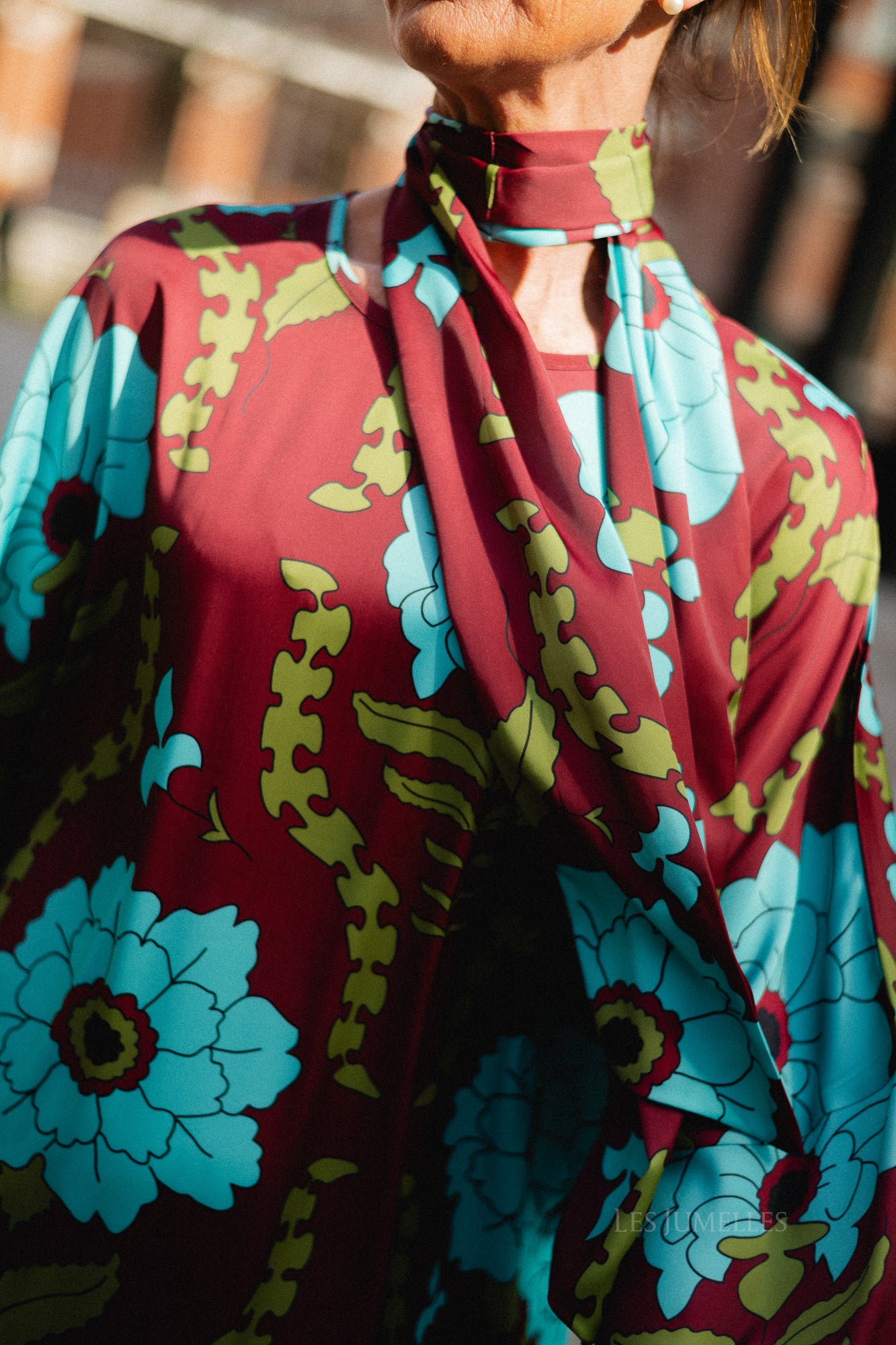 Valerie long printed dress - burgundy/turquoise