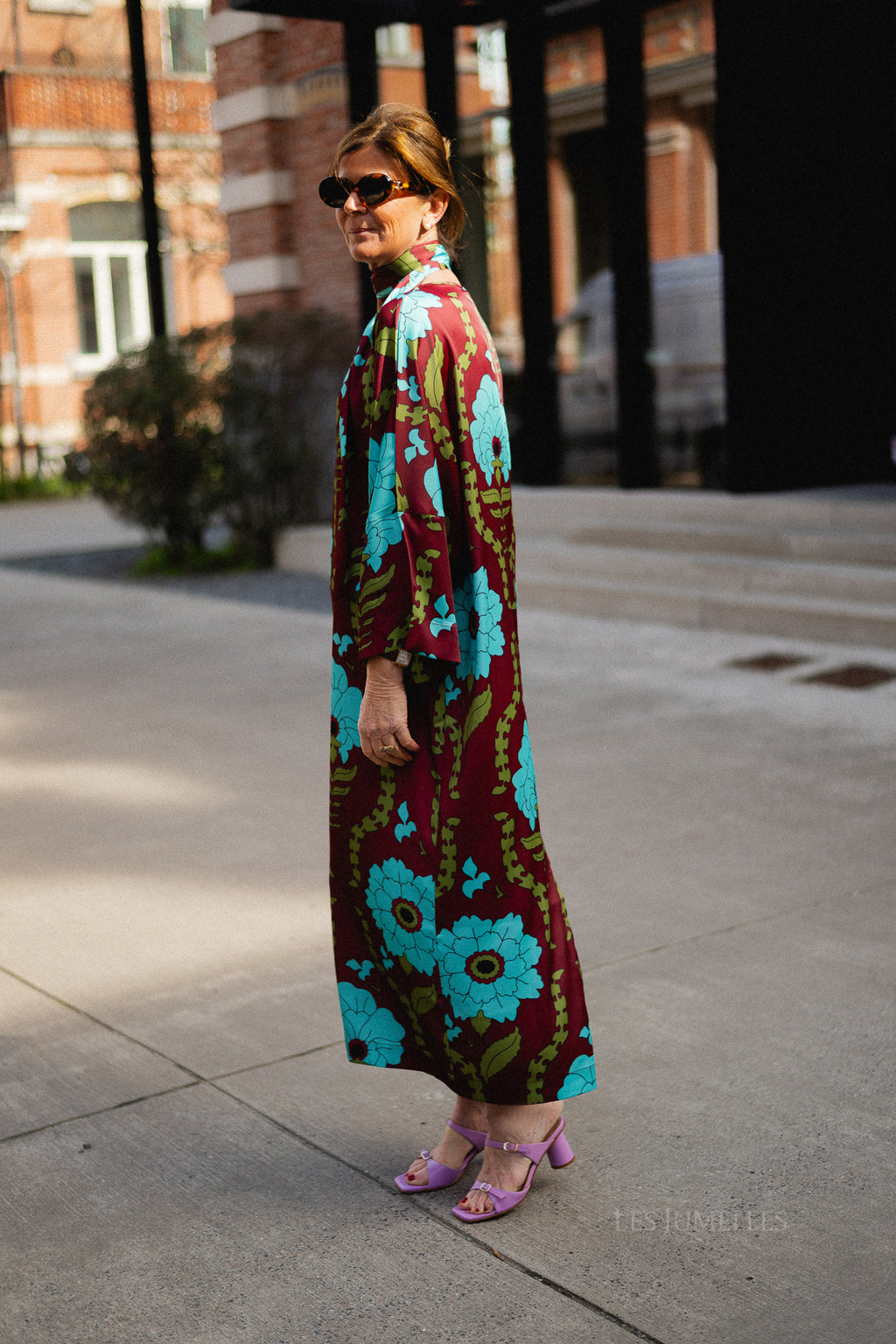 Valerie long printed dress - burgundy/turquoise