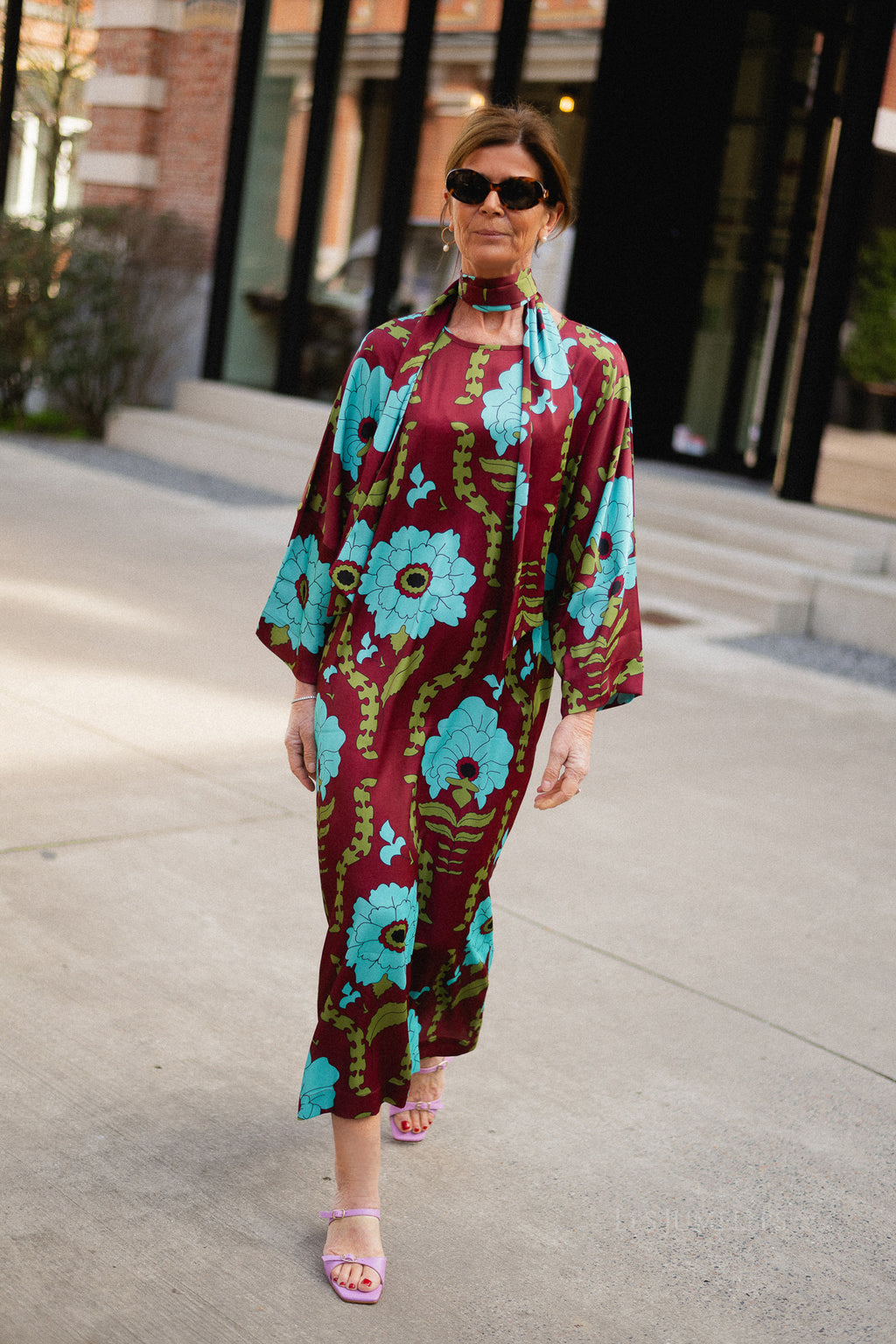 Valerie long printed dress - burgundy/turquoise