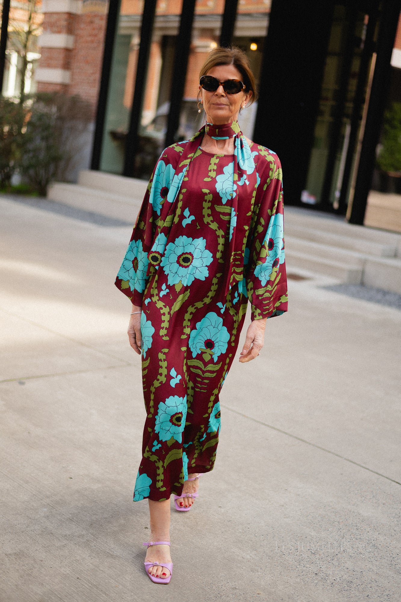 Valerie long printed dress - burgundy/turquoise