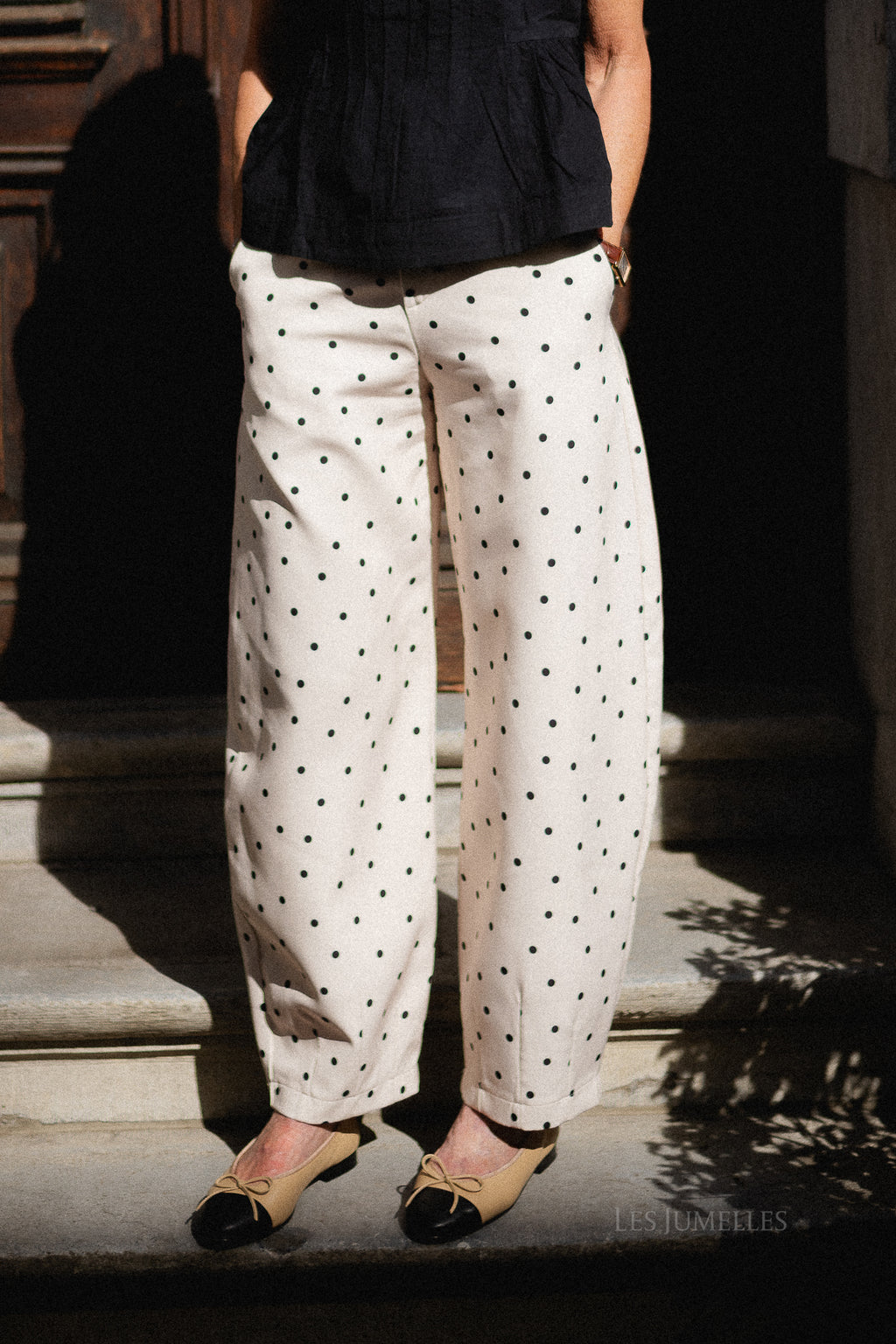 Aubrie polka dot barrel pants - eggnog/black