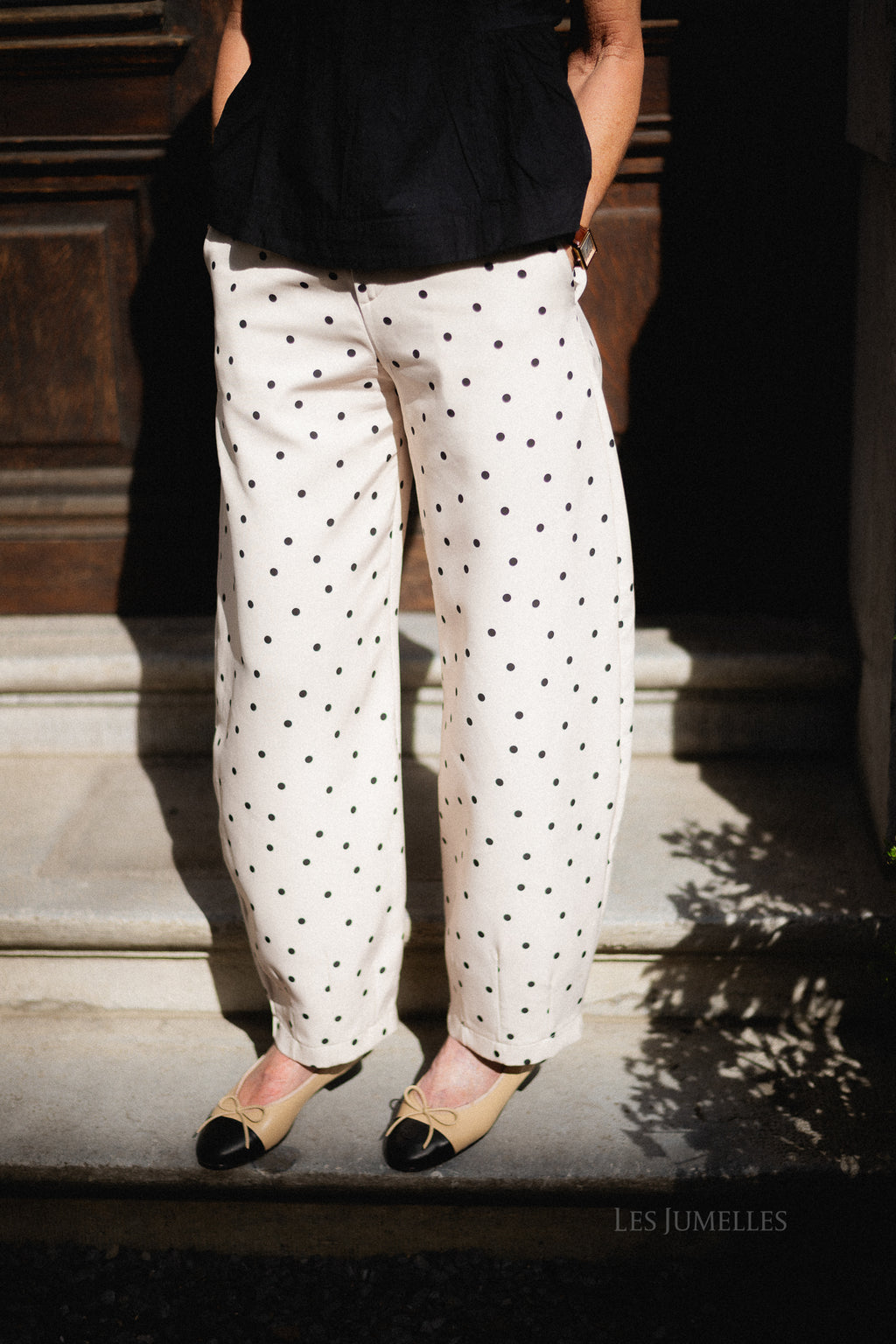 Aubrie polka dot barrel pants - eggnog/black