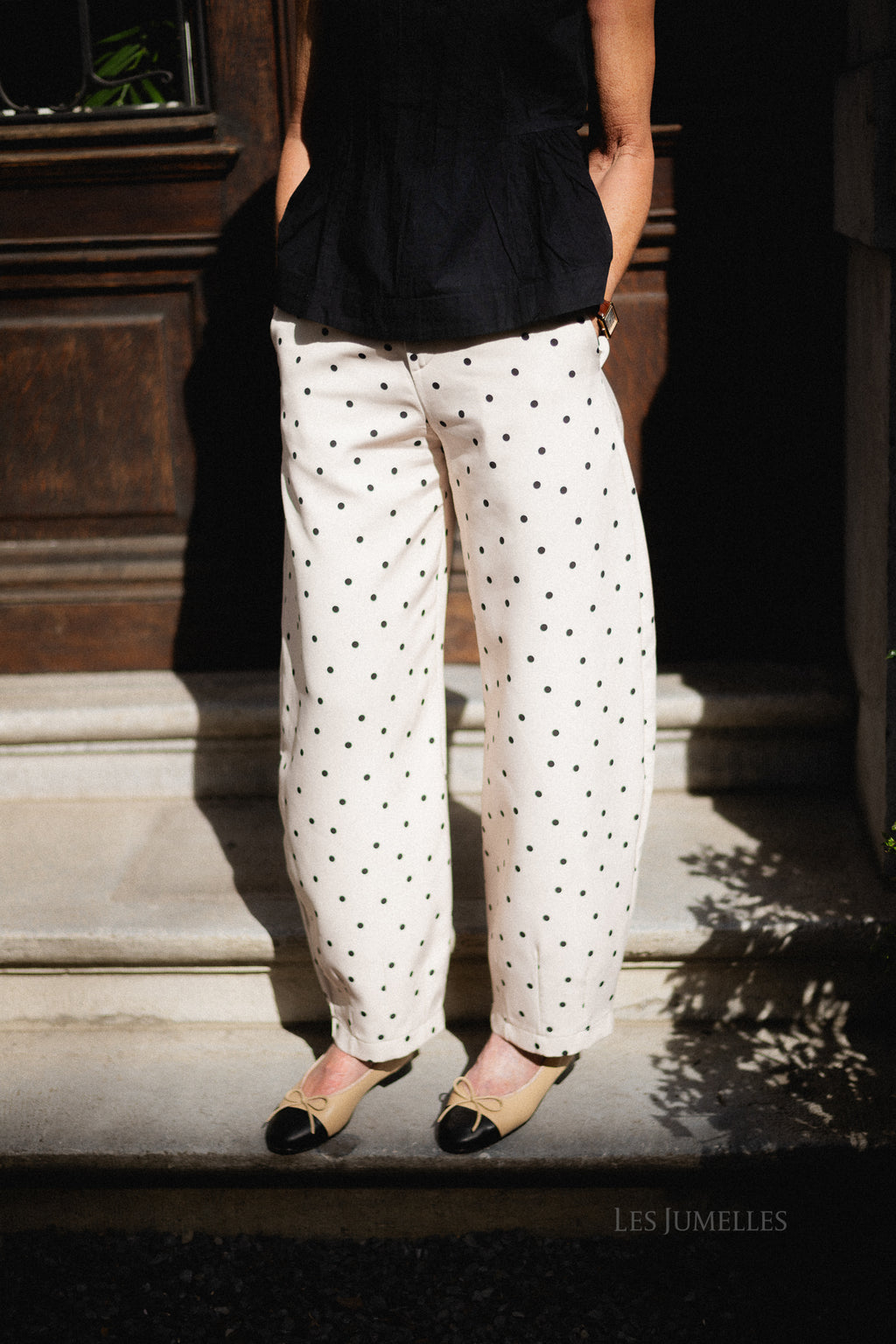 Aubrie polka dot barrel pants - eggnog/black