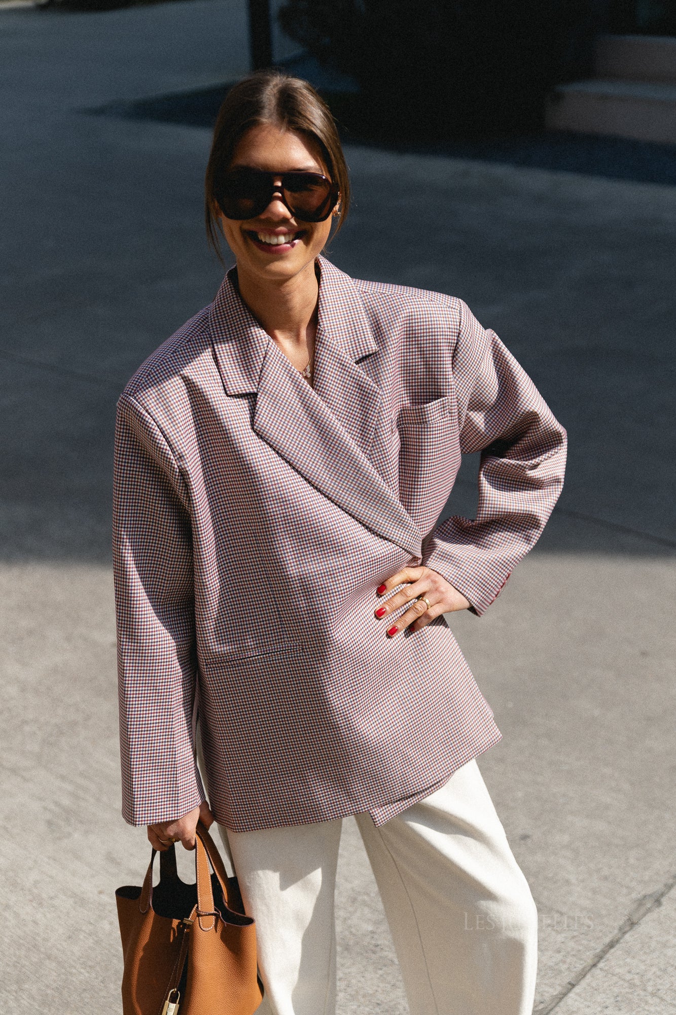 Chloe oversized signature check blazer tibetan red/parisian blue