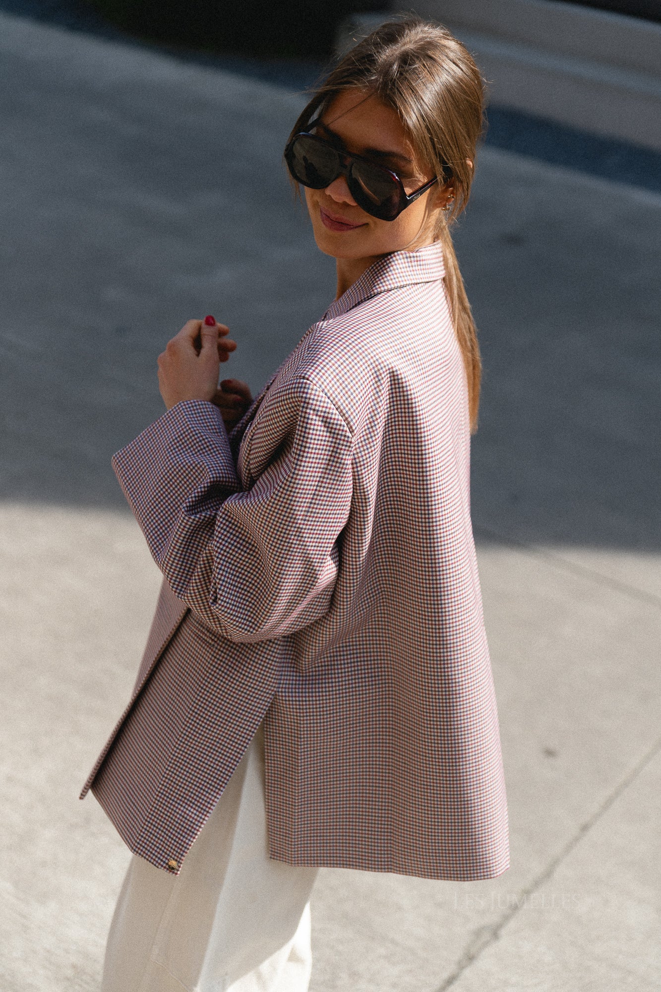 Chloe oversized signature check blazer tibetan red/parisian blue