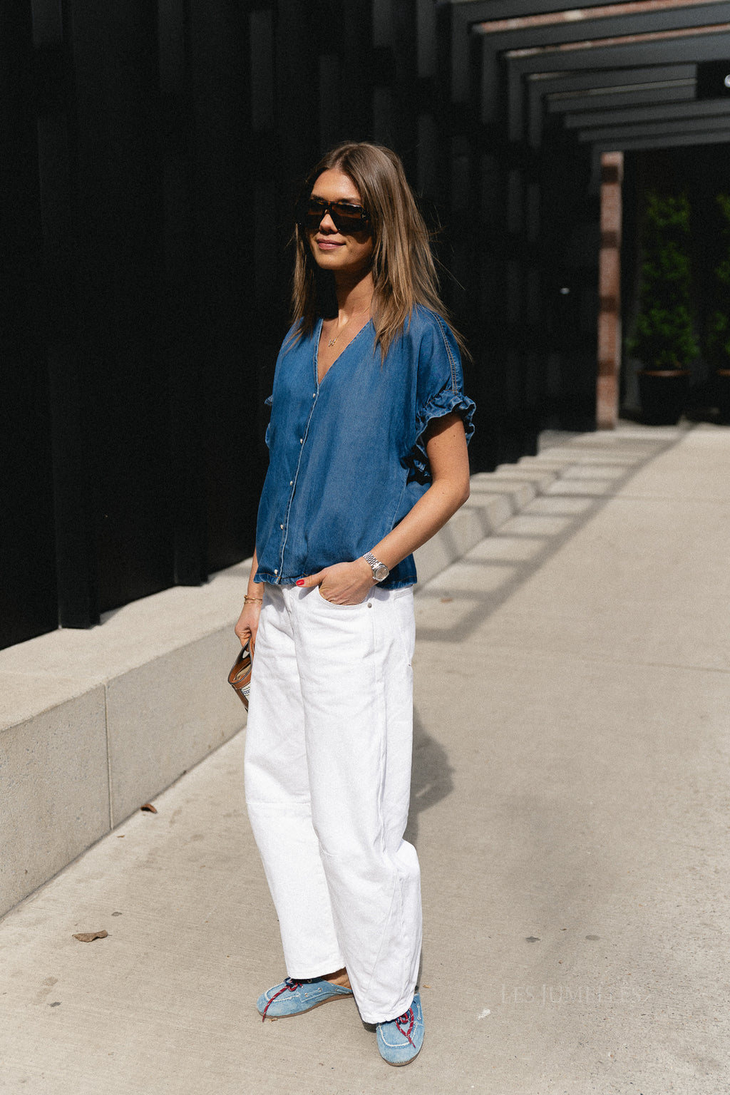 OBJFrame 2/4 V-neck top medium blue denim