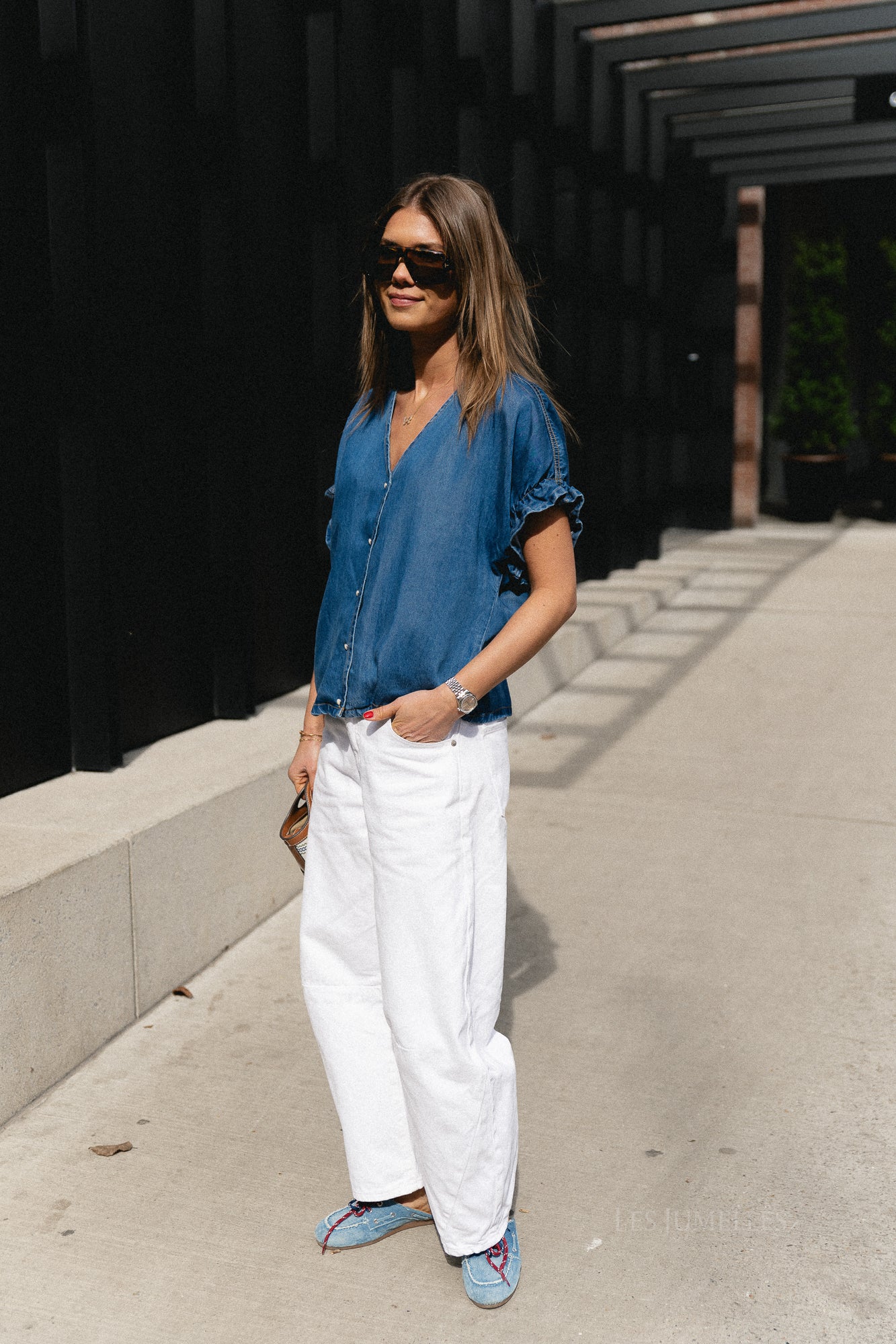 OBJFrame 2/4 V-neck top medium blue denim