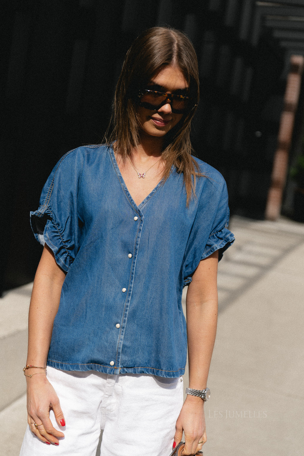 OBJFrame 2/4 V-neck top medium blue denim