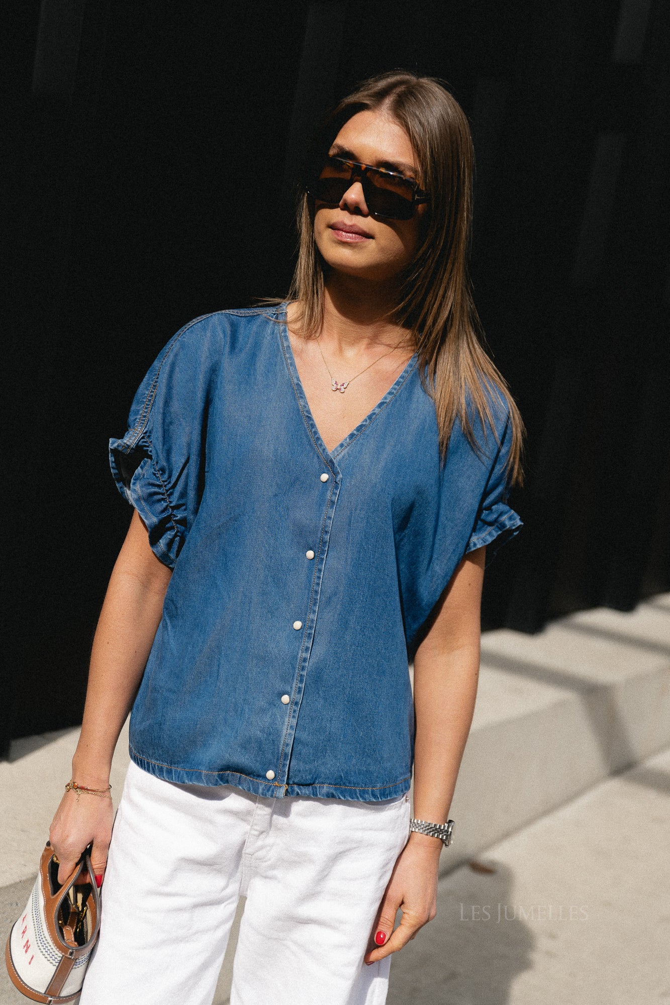 OBJFrame 2/4 V-neck top medium blue denim