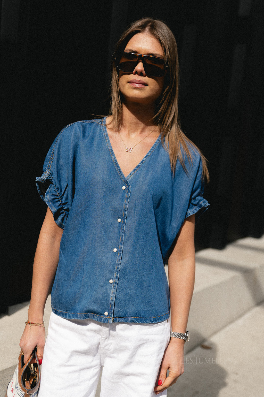 OBJFrame 2/4 V-neck top medium blue denim