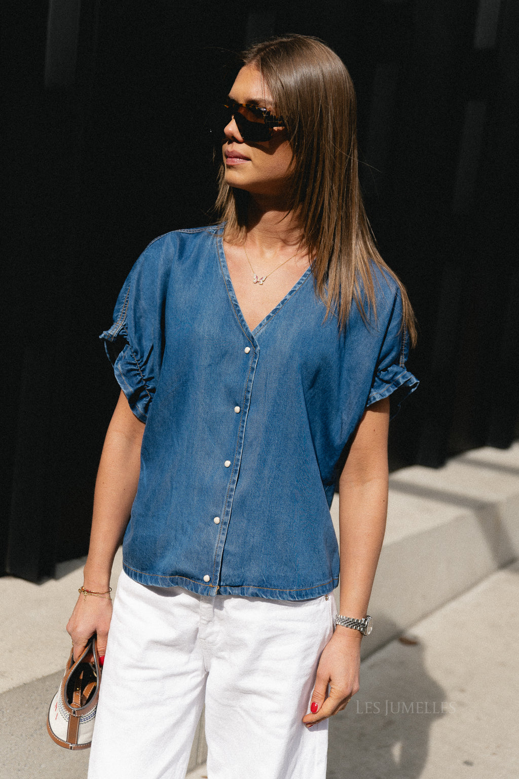 OBJFrame 2/4 V-neck top medium blue denim