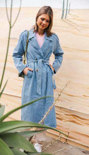 Vici Doublebreasted L S Denim Trenchcoat Medium Blue Denim