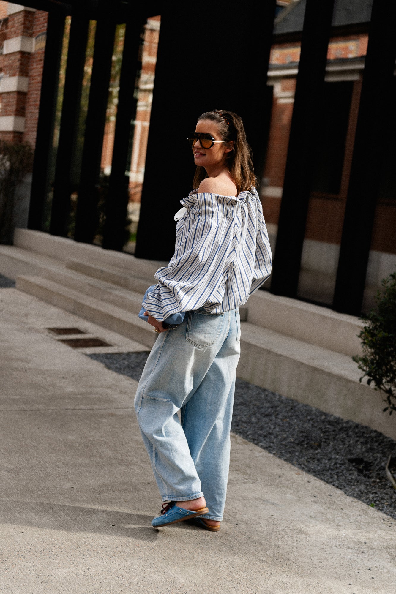 Isaline striped off shoulder blouse blue