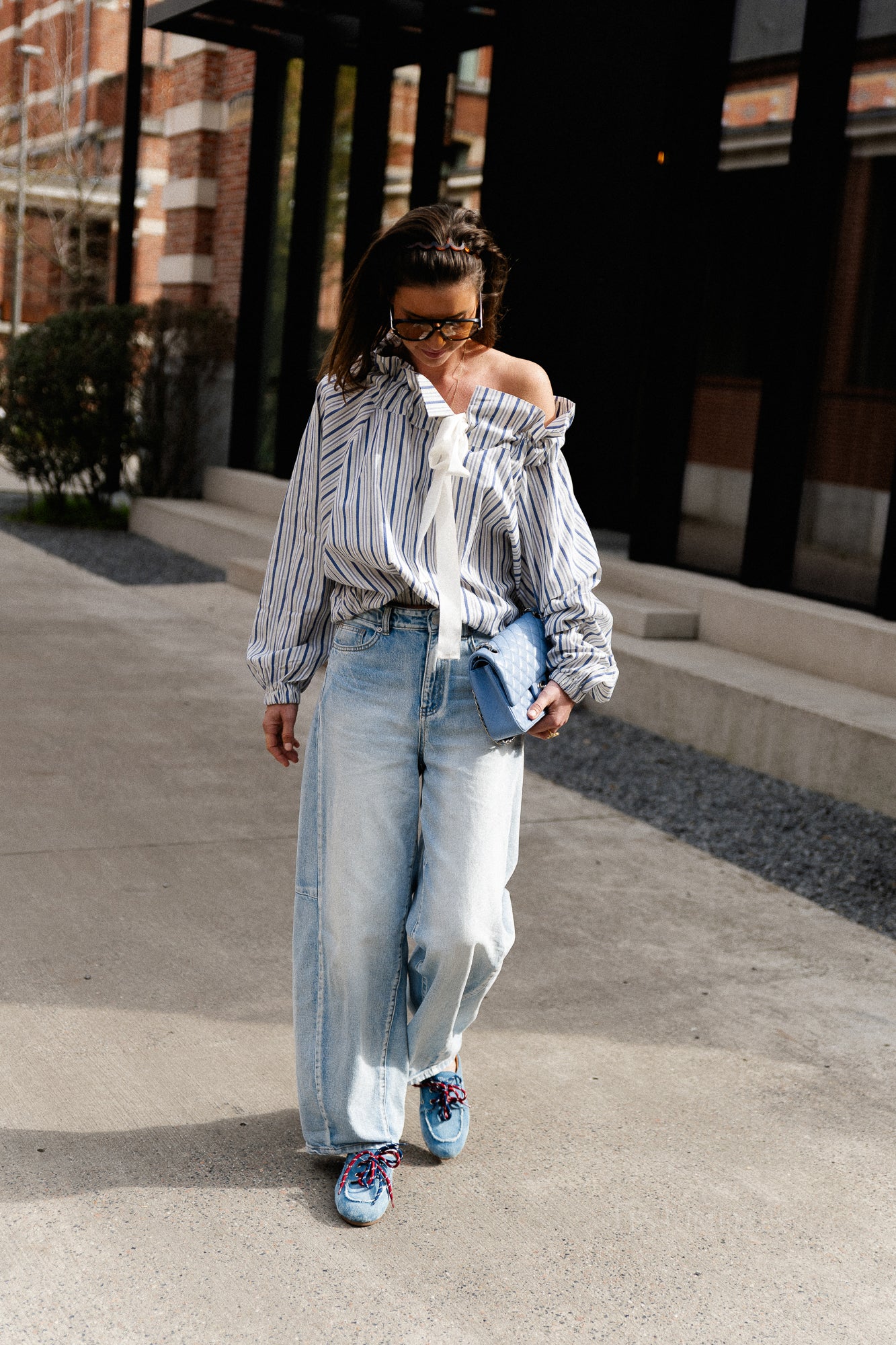 Isaline striped off shoulder blouse blue