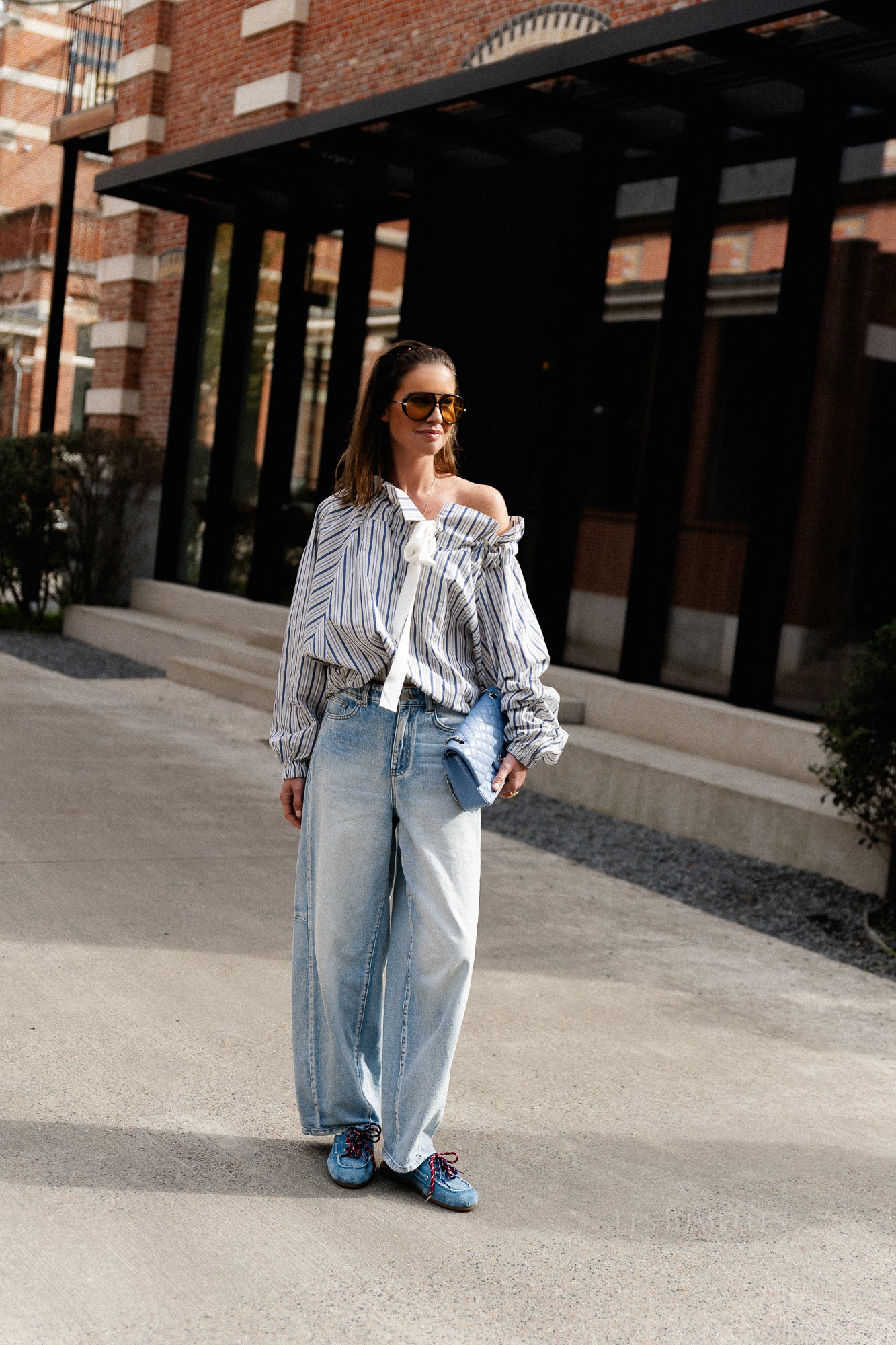 Isaline striped off shoulder blouse blue