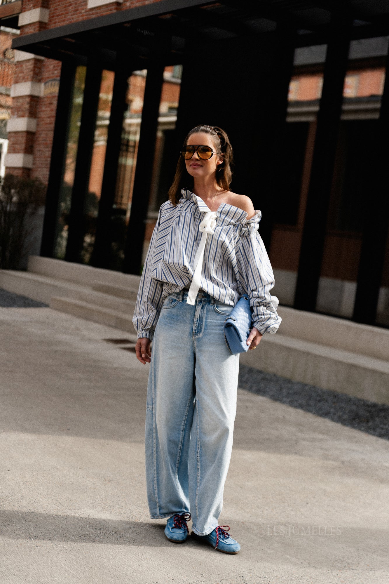 Isaline striped off shoulder blouse blue