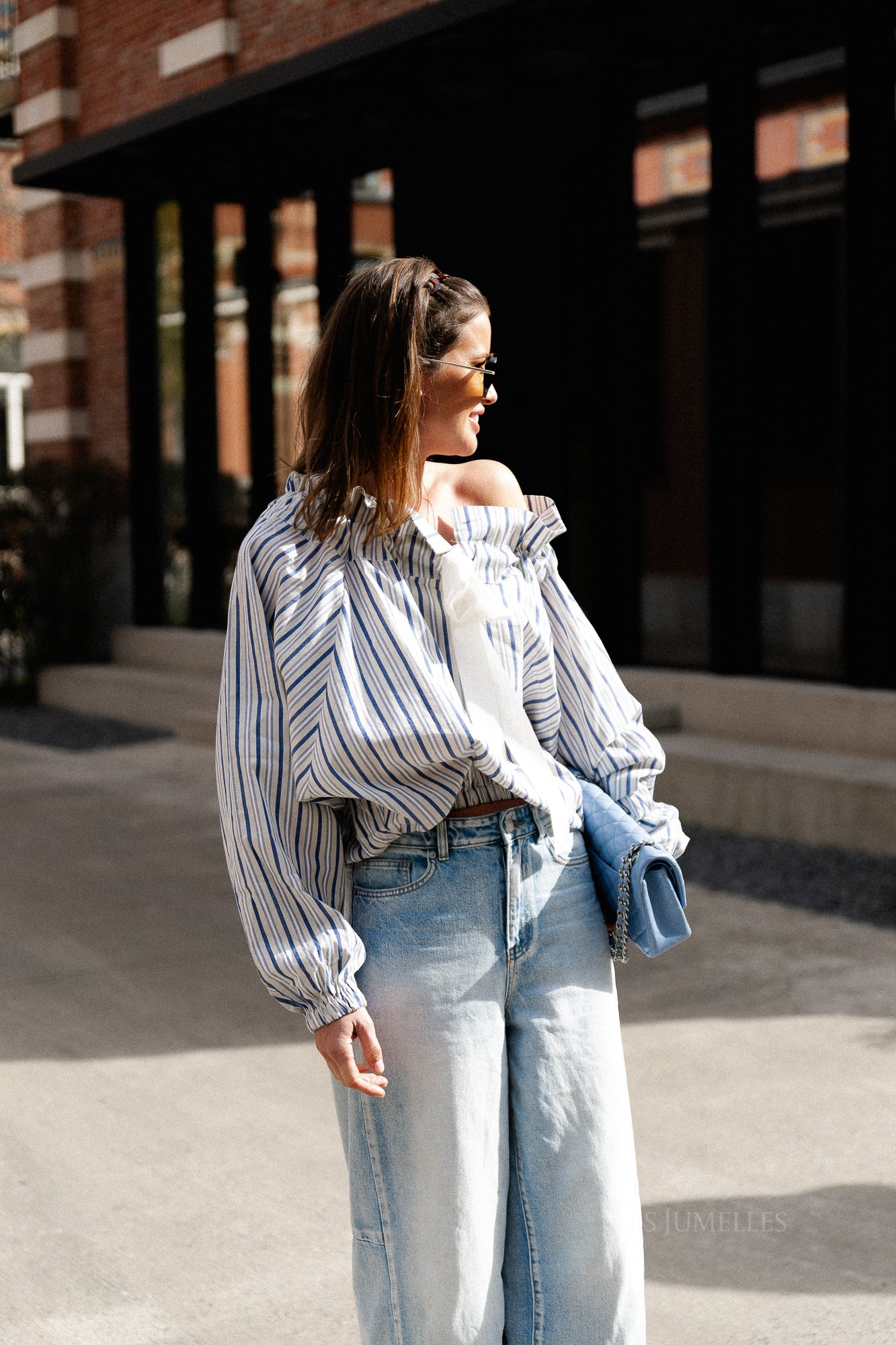 Isaline striped off shoulder blouse blue