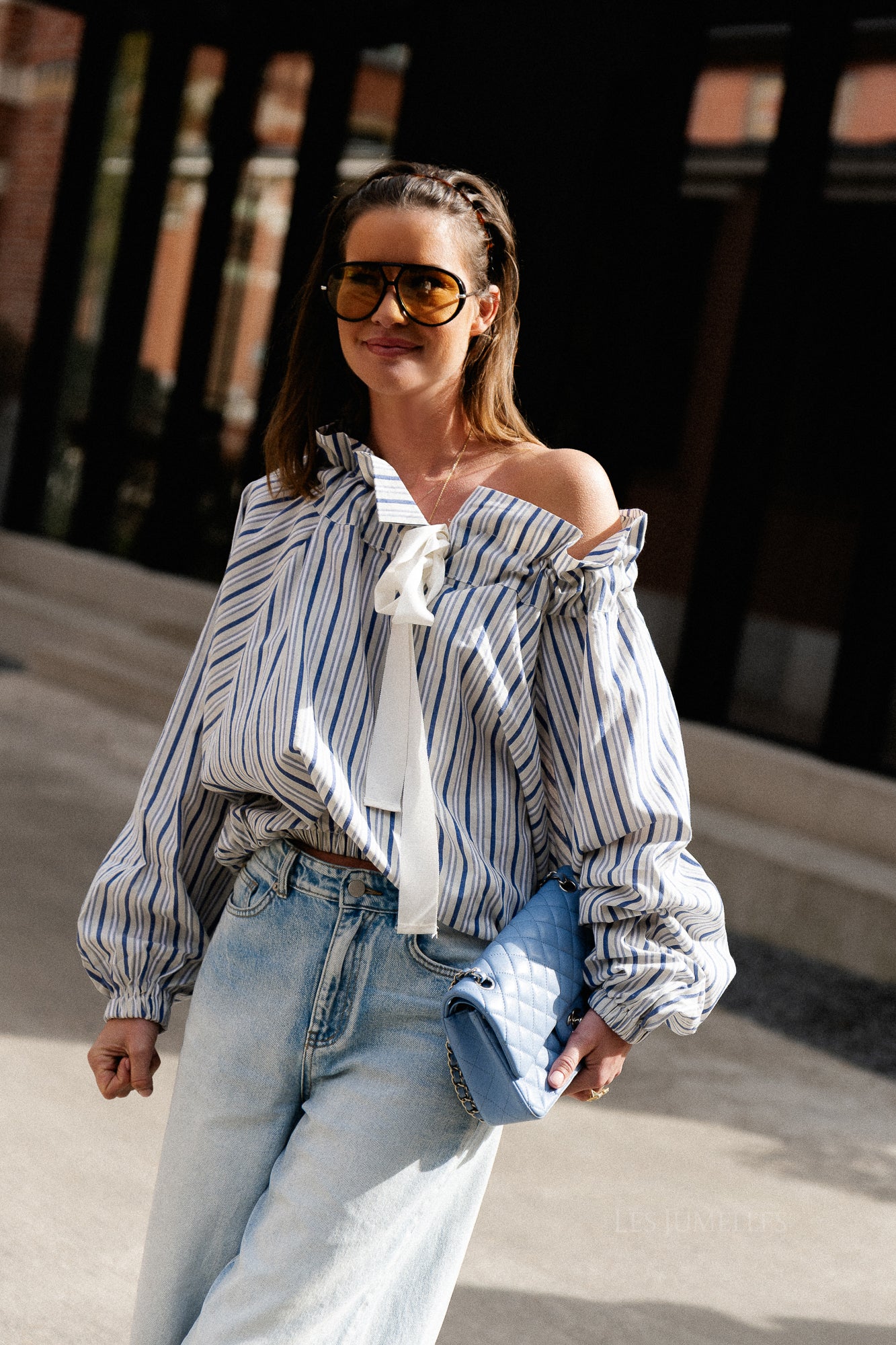 Isaline striped off shoulder blouse blue