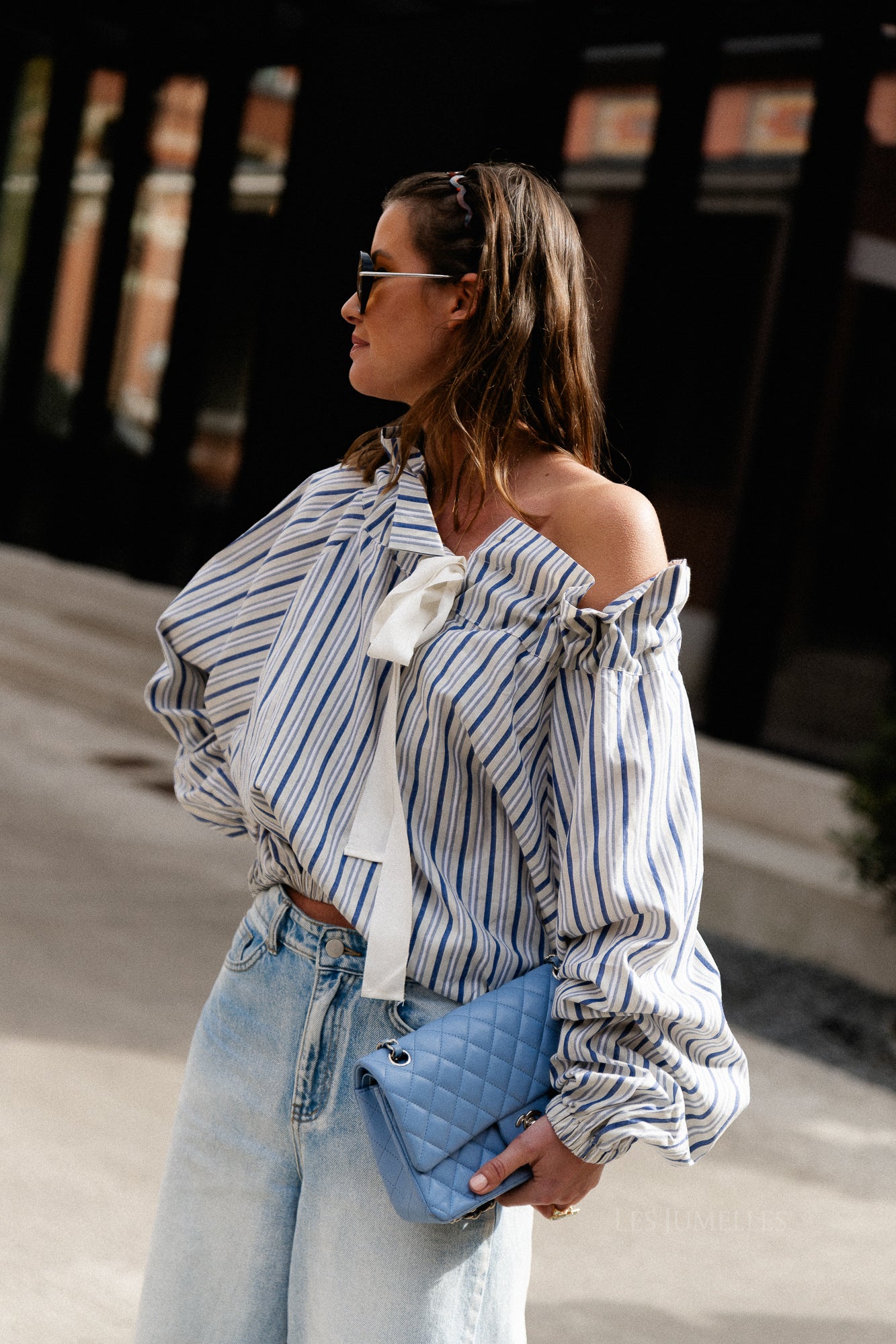 Isaline striped off shoulder blouse blue