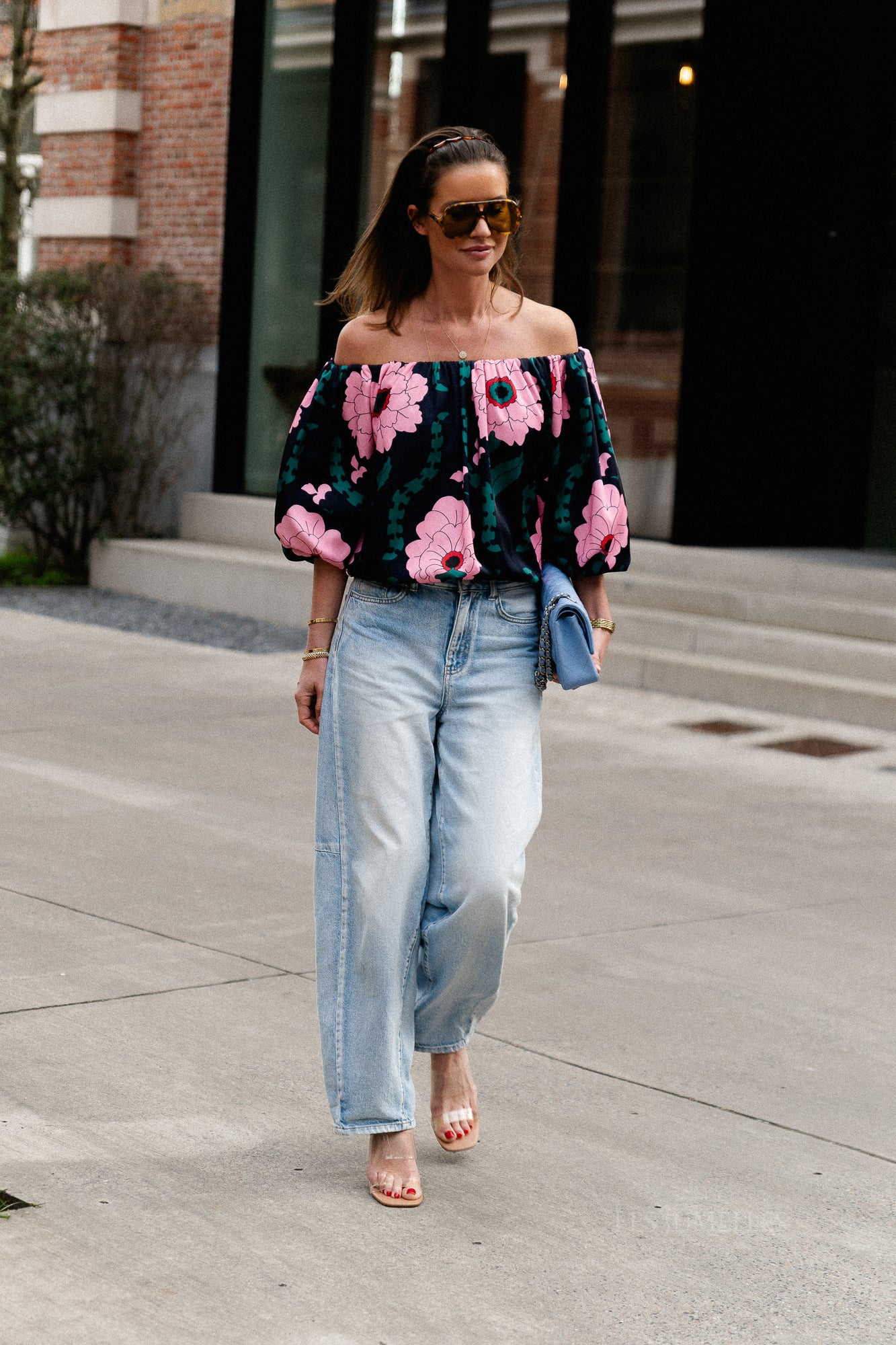 Rumi printed off shoulder blouse navy/pink