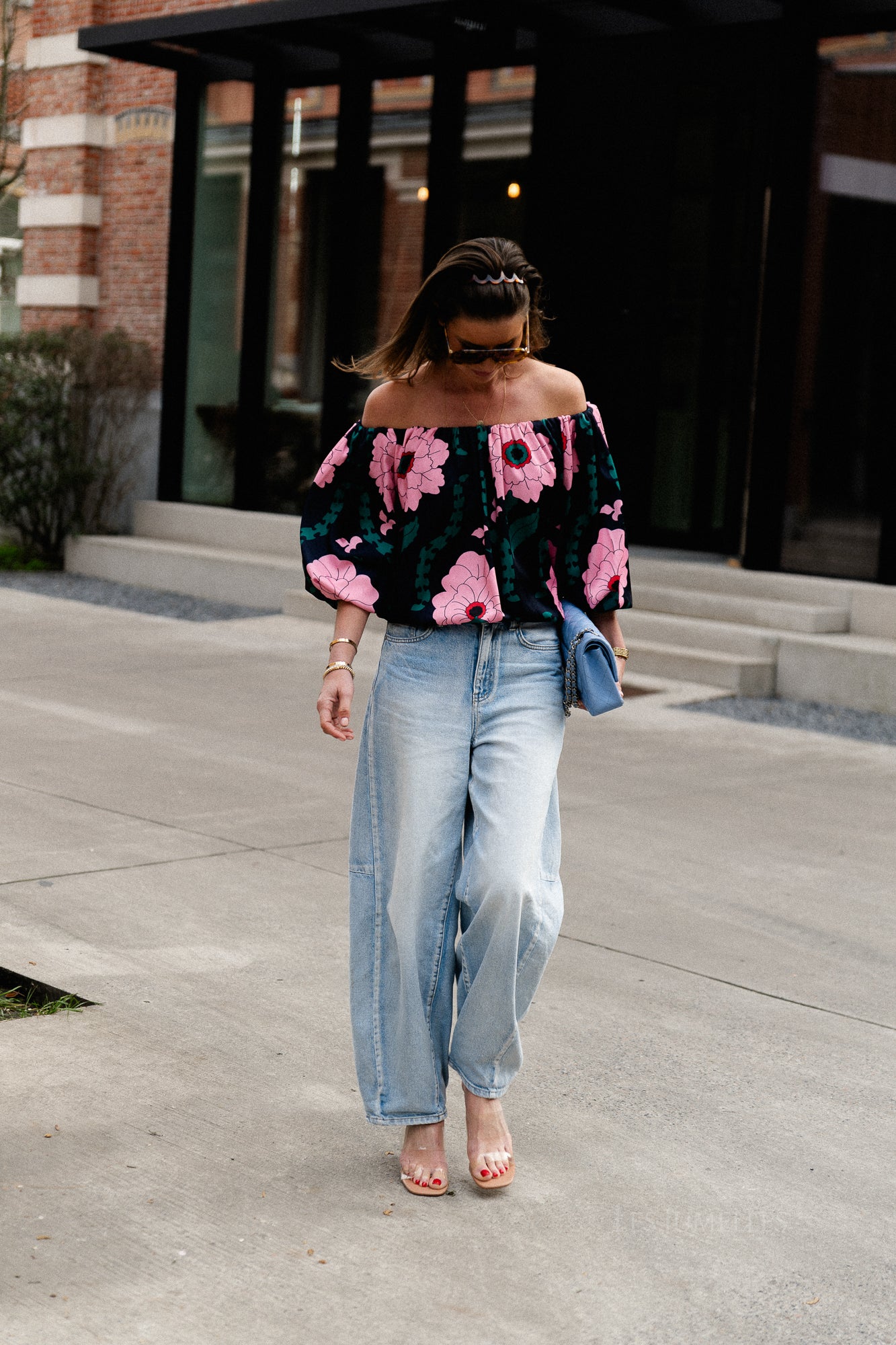 Rumi printed off shoulder blouse navy/pink