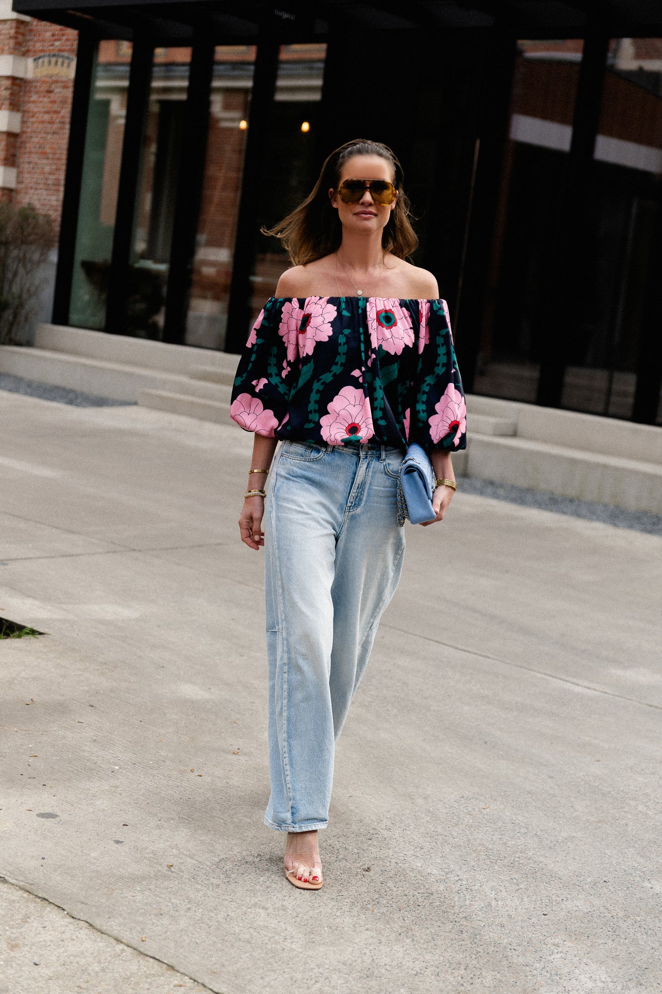 Rumi printed off shoulder blouse navy/pink