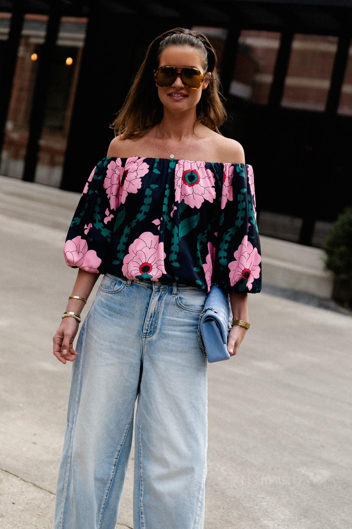 Rumi printed off shoulder blouse navy/pink