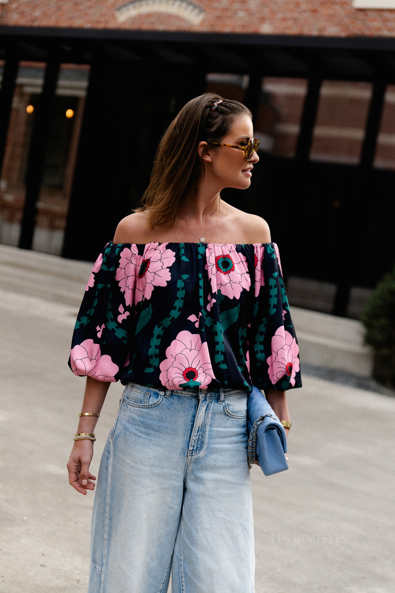 Rumi printed off shoulder blouse navy/pink