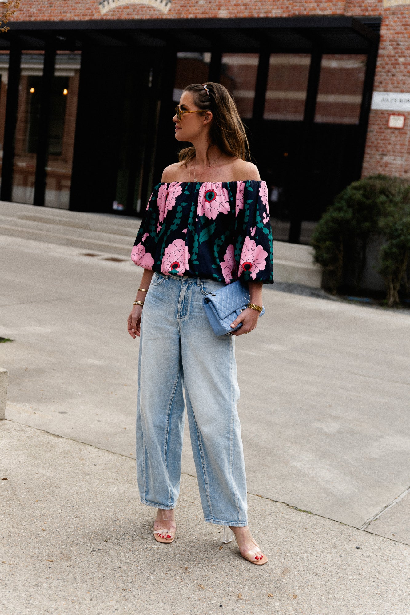 Rumi printed off shoulder blouse navy/pink