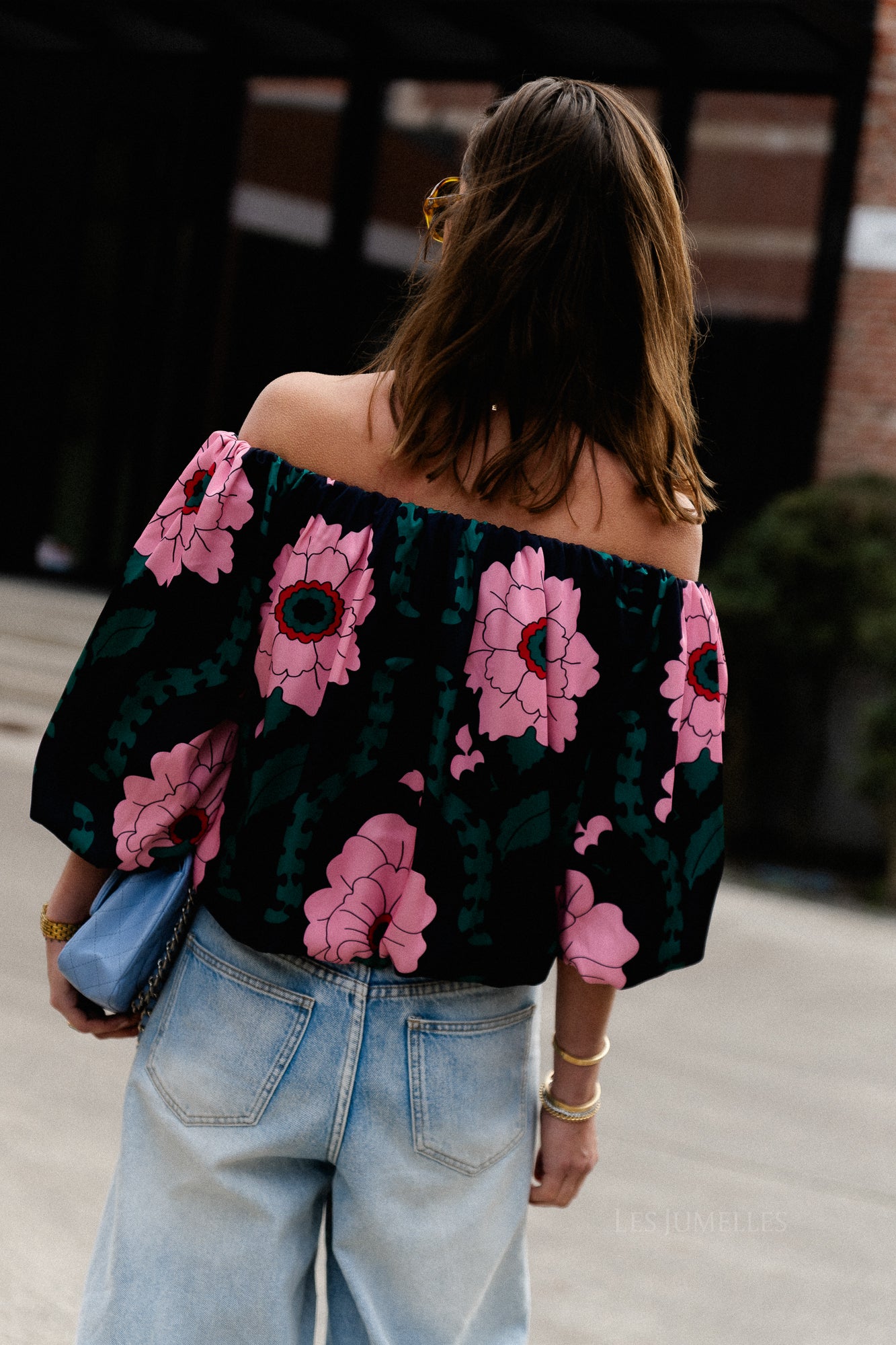 Rumi printed off shoulder blouse navy/pink