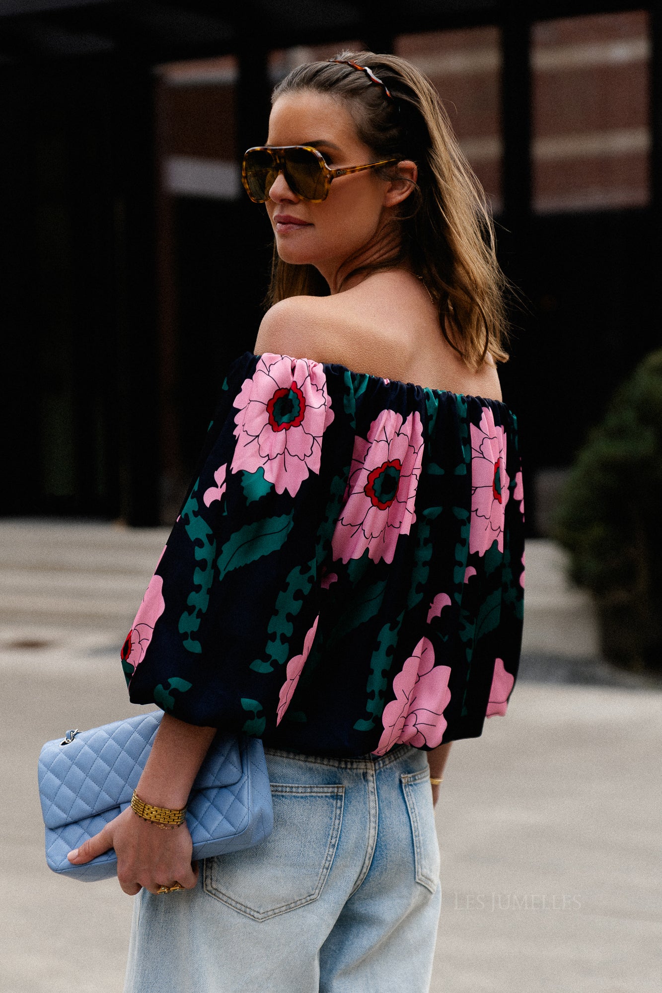 Rumi printed off shoulder blouse navy/pink