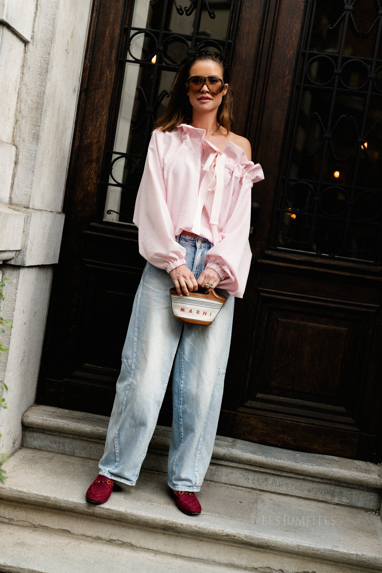 Isaline checked off shoulder blouse light pink