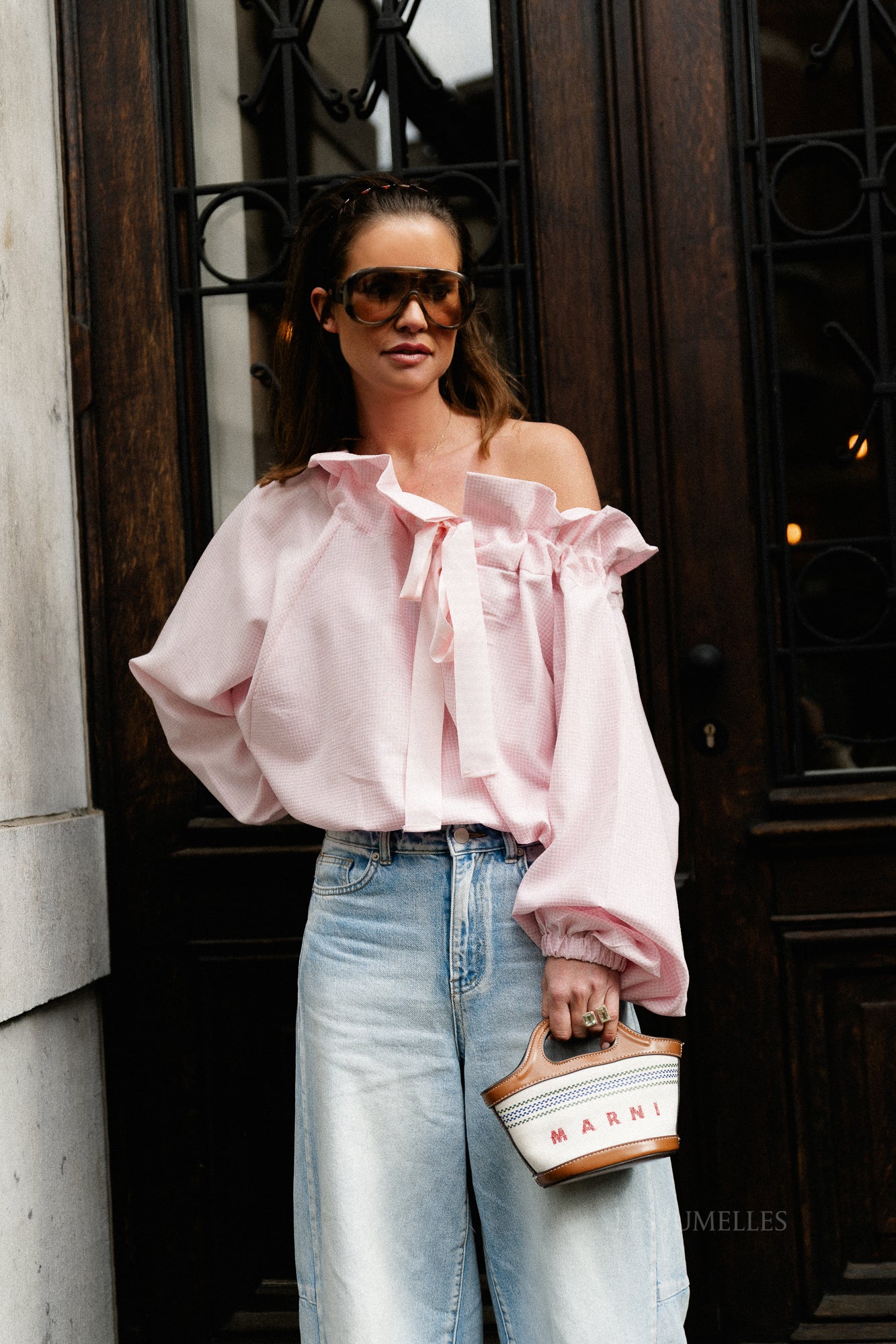 Isaline checked off shoulder blouse light pink