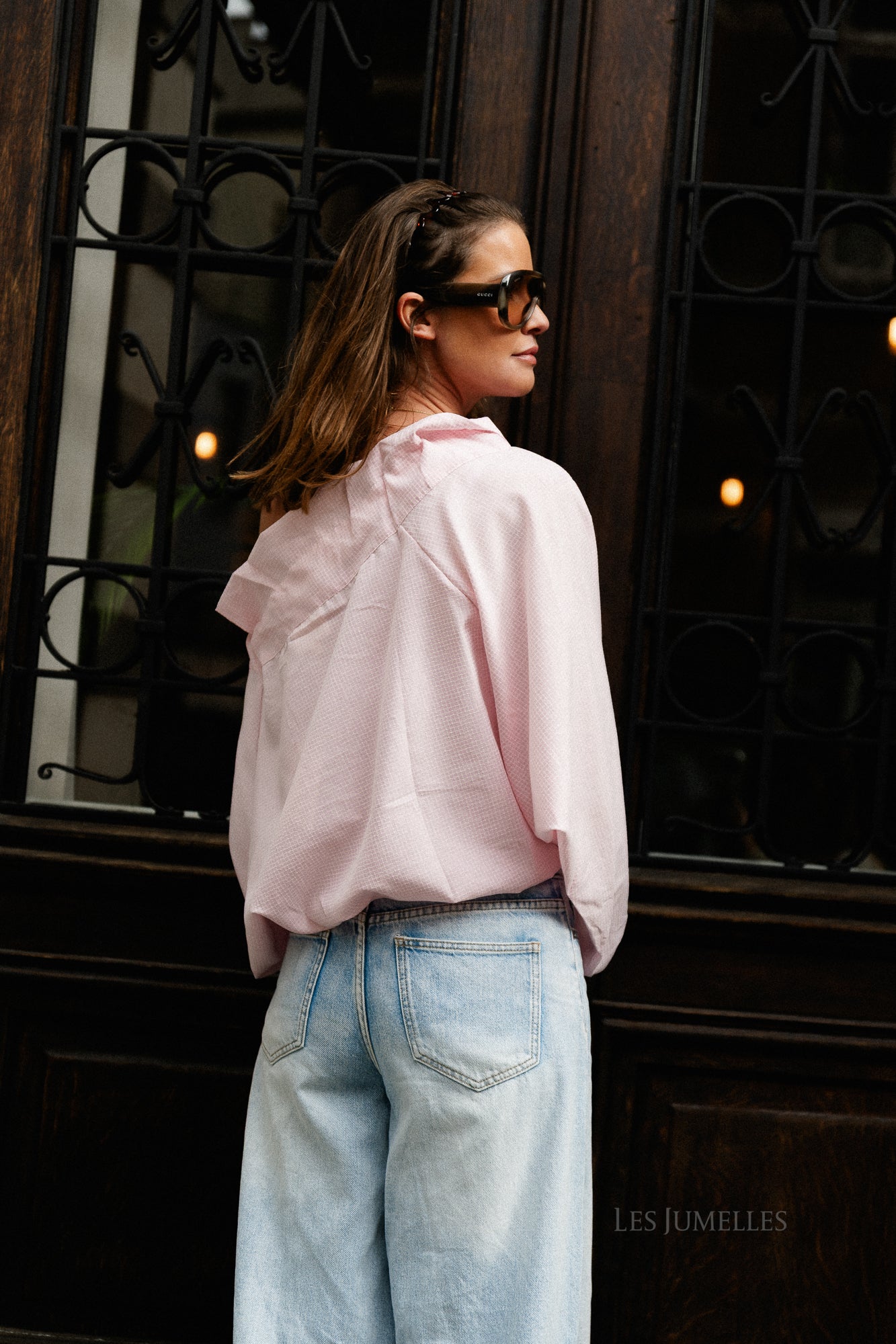 Isaline checked off shoulder blouse light pink