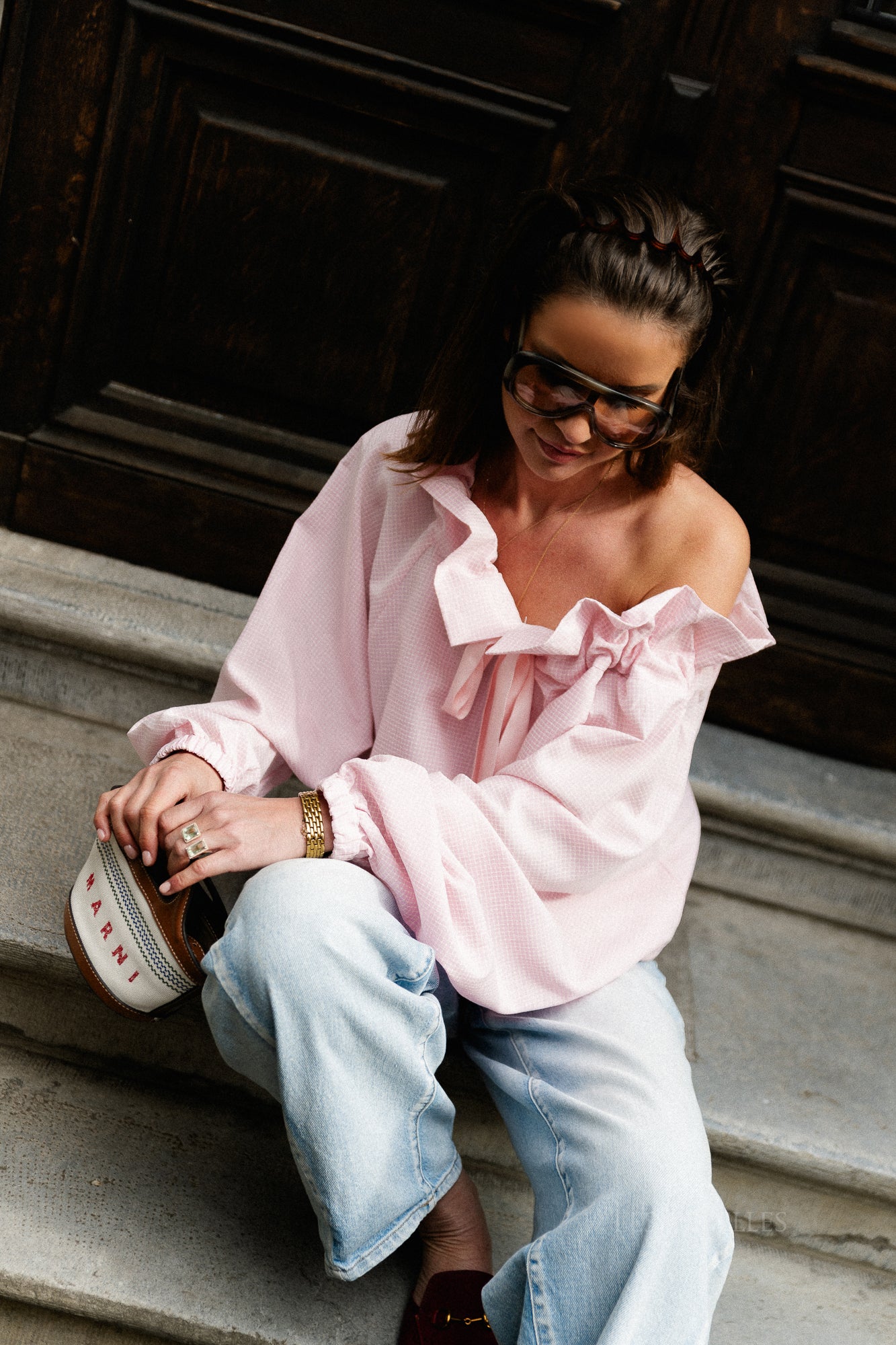 Isaline checked off shoulder blouse light pink